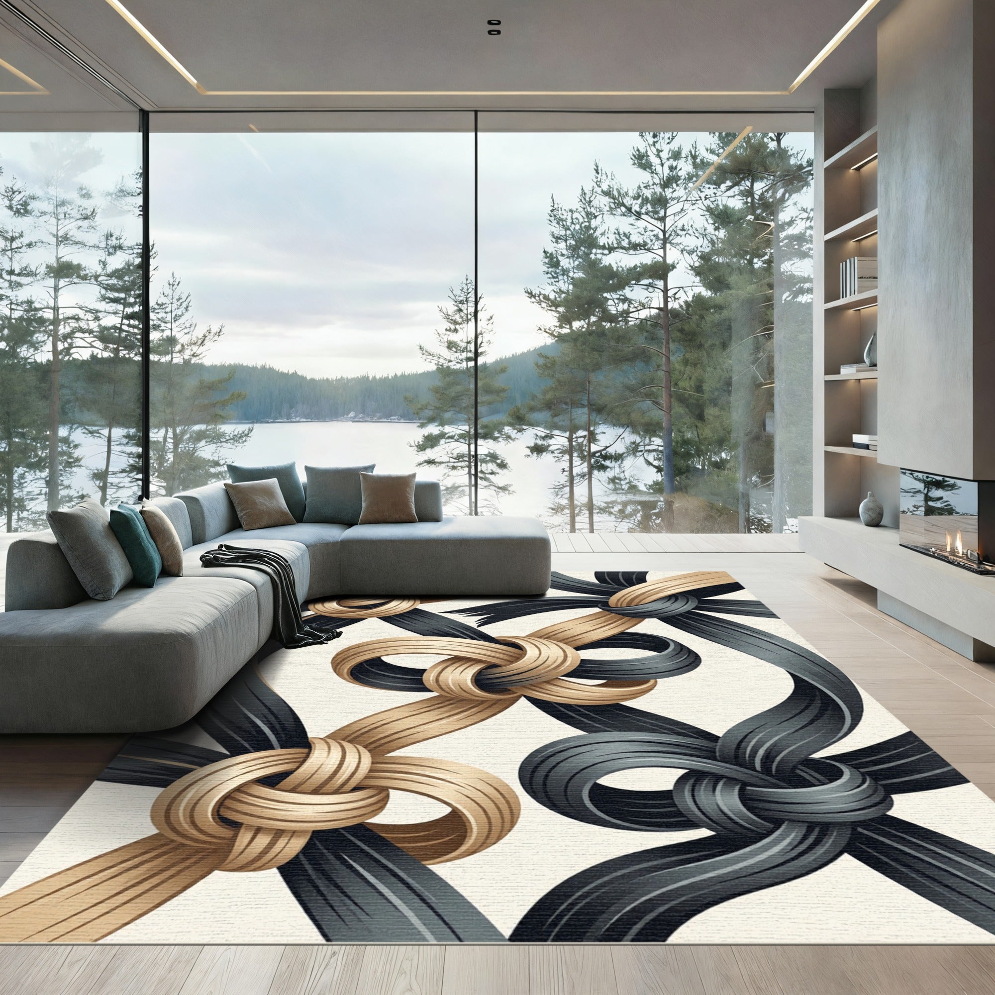 Elegant Gold and Charcoal Intertwined Ribbon Rug
