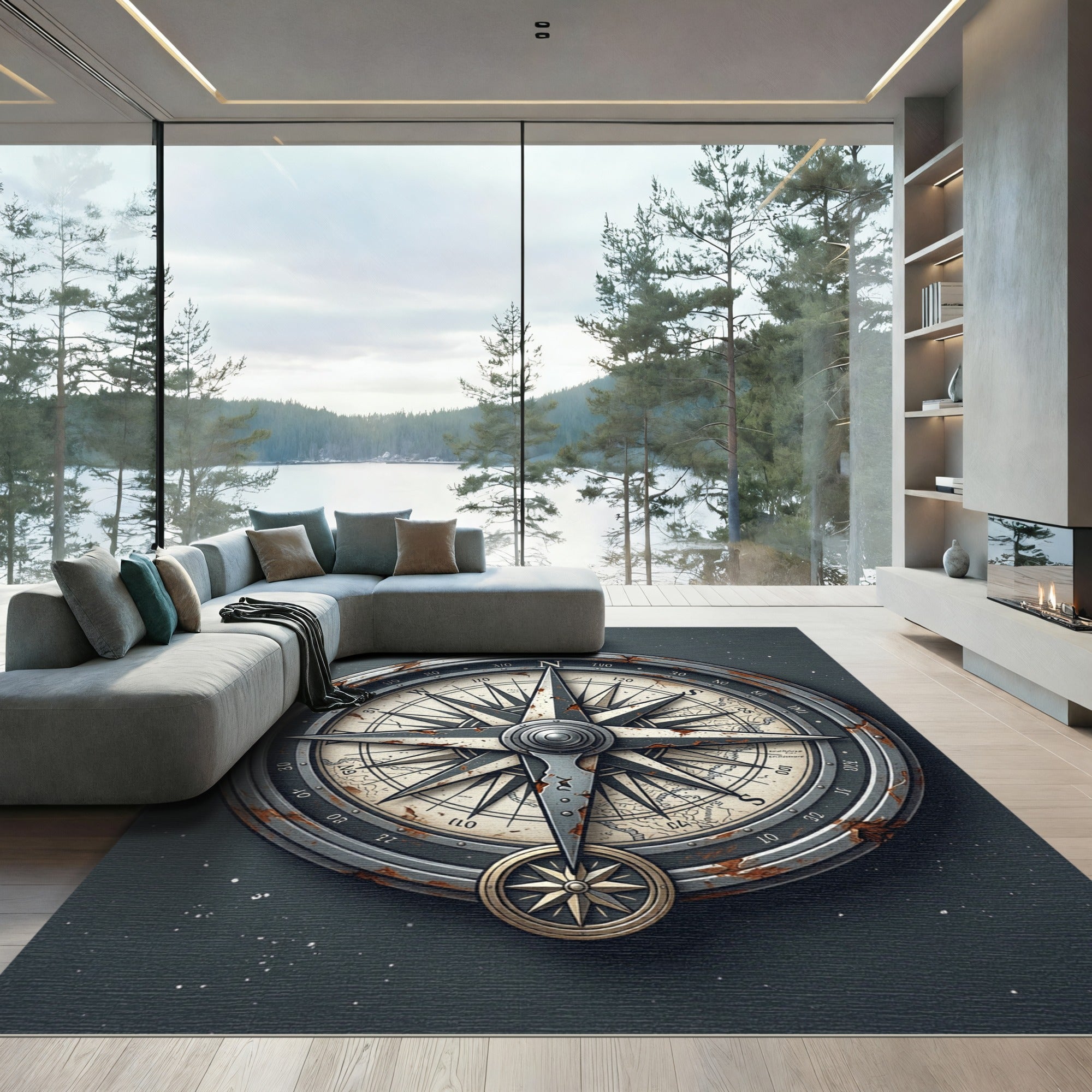 Antique Nautical Compass Bronze Ocean Illustration Rug