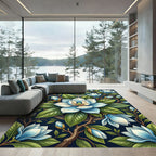 Botanical Blue Magnolia Floral Medallion Rug