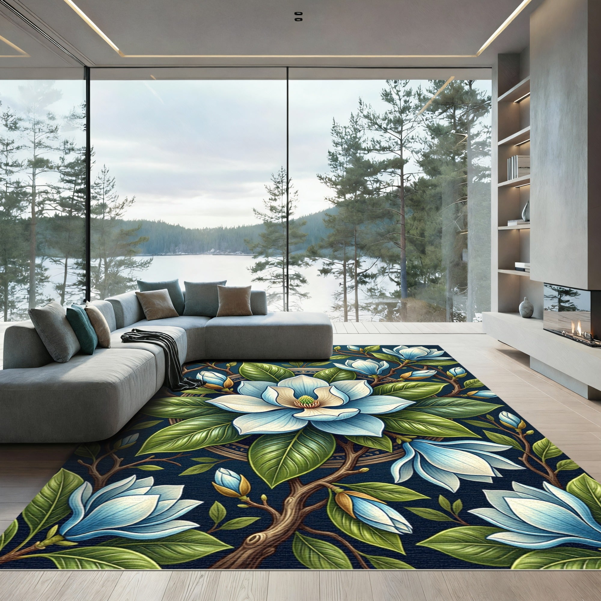 Botanical Blue Magnolia Floral Medallion Rug