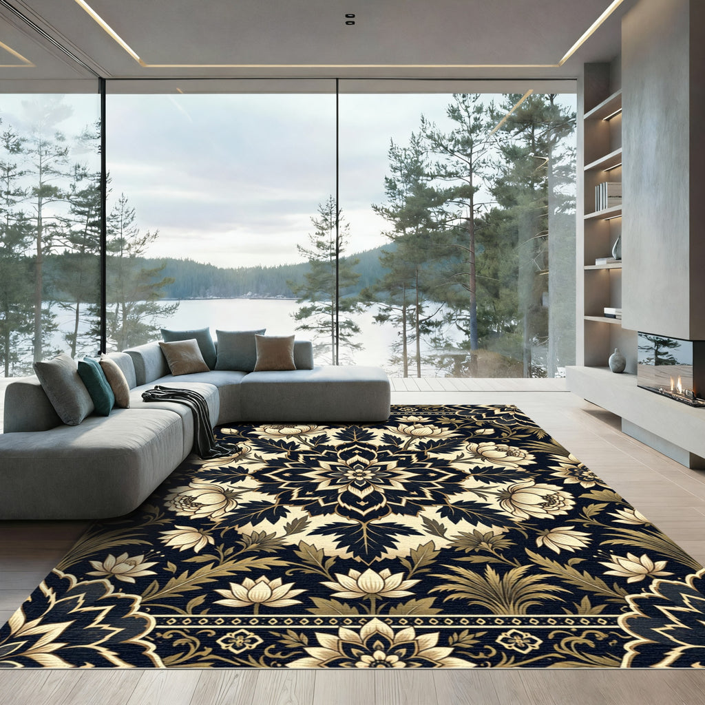 Elegant Gold Cream Floral Medallion Rug