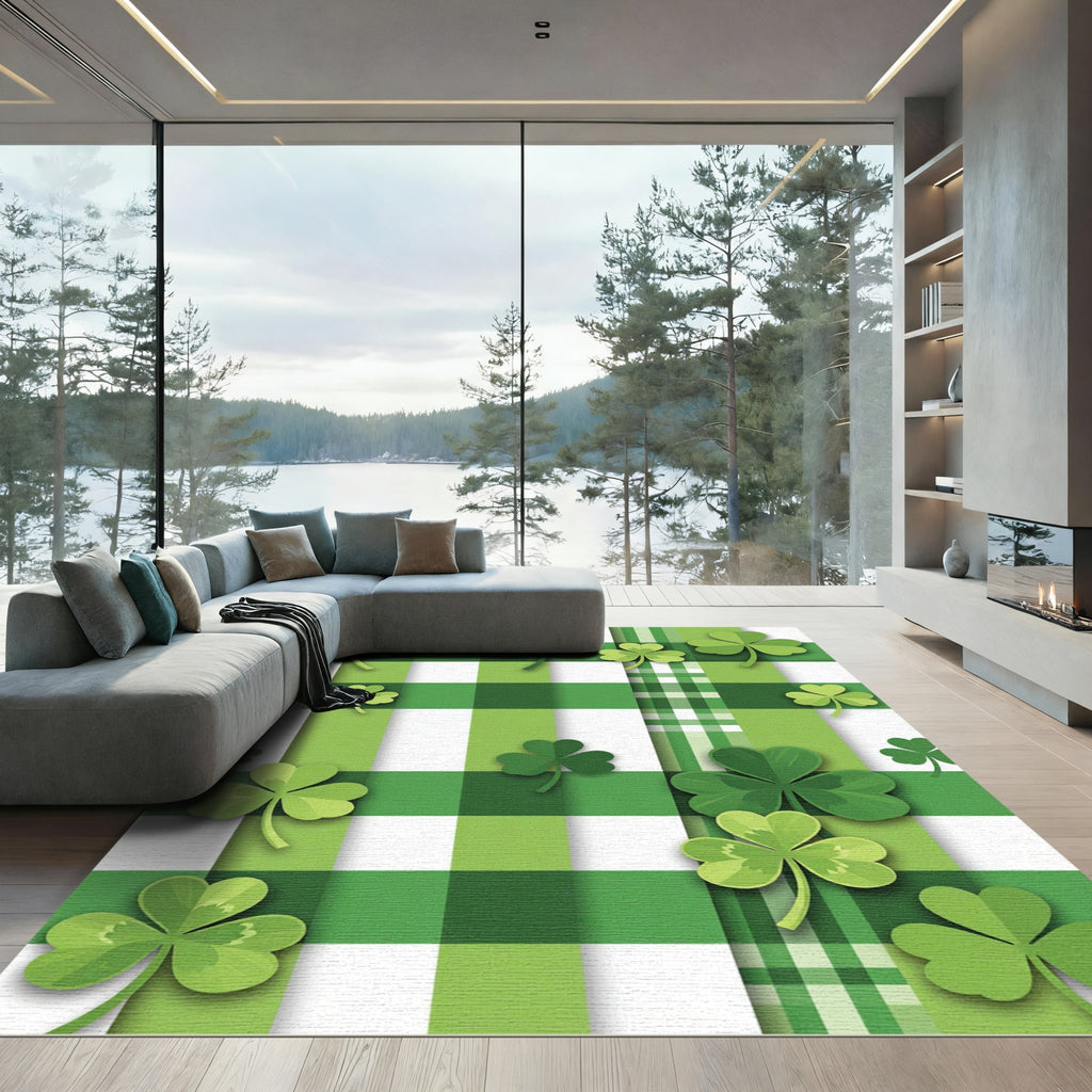 Green White Plaid Clover Patch Rug