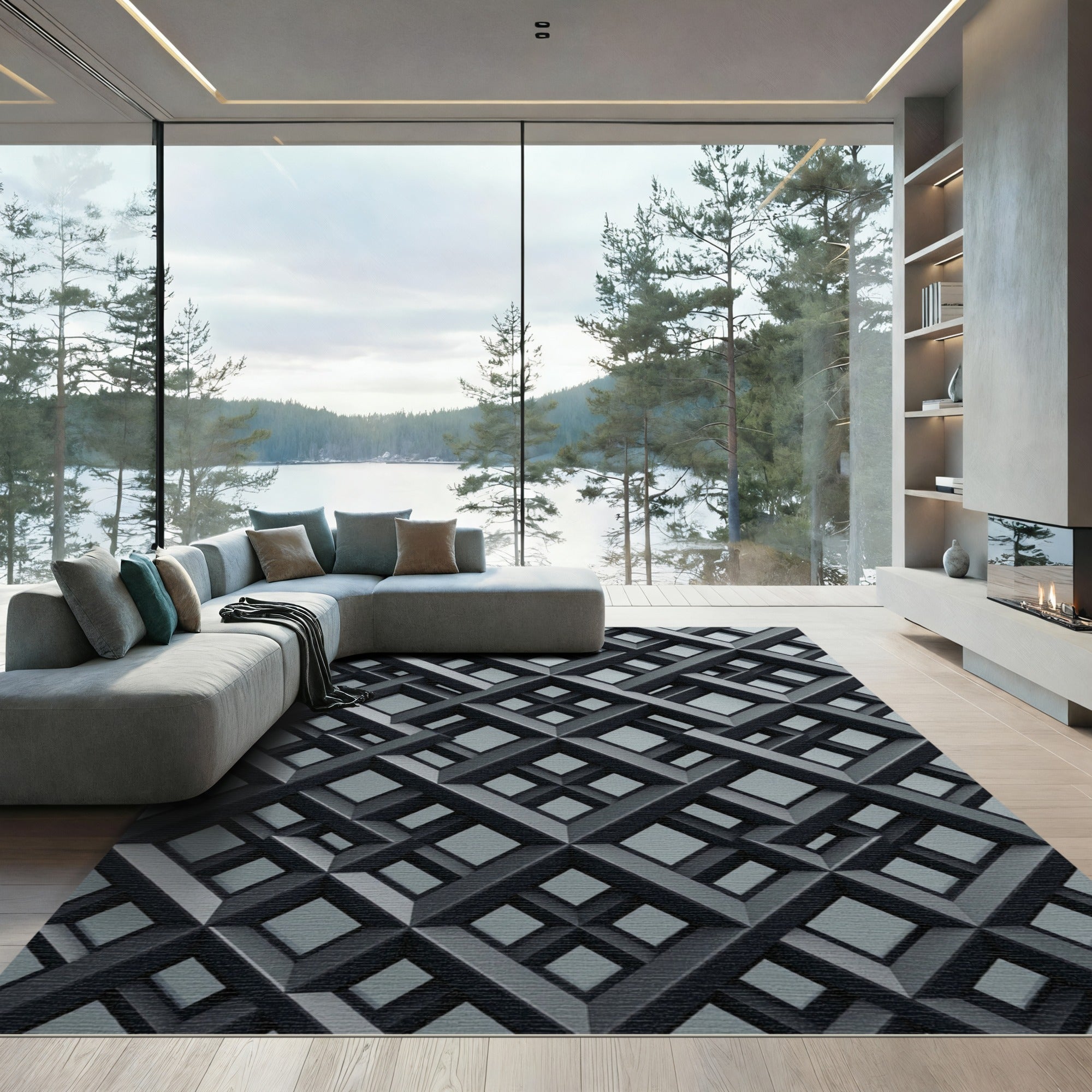 Monochrome Charcoal Geometric Lattice Grid Rug