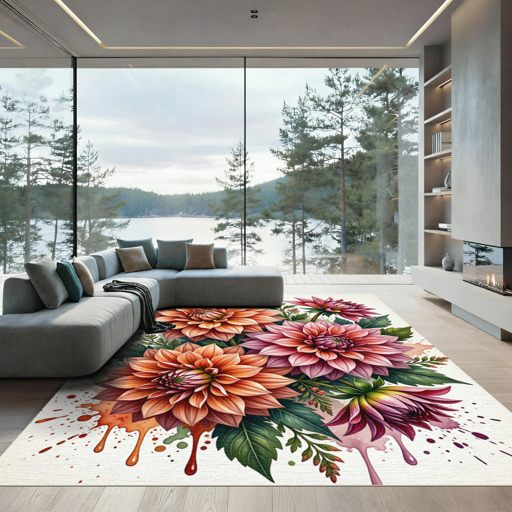 Vibrant Watercolored Dahlia Floral Arrangement Rug