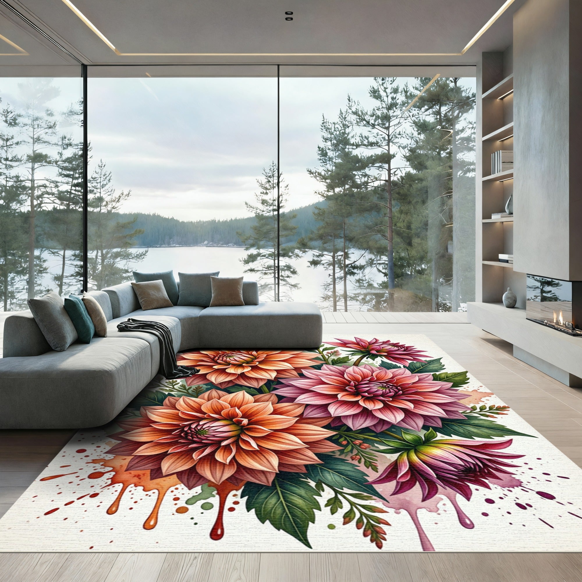 Vibrant Watercolored Dahlia Floral Arrangement Rug