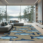 Sophisticated Blue Salmon School Illustration Rug