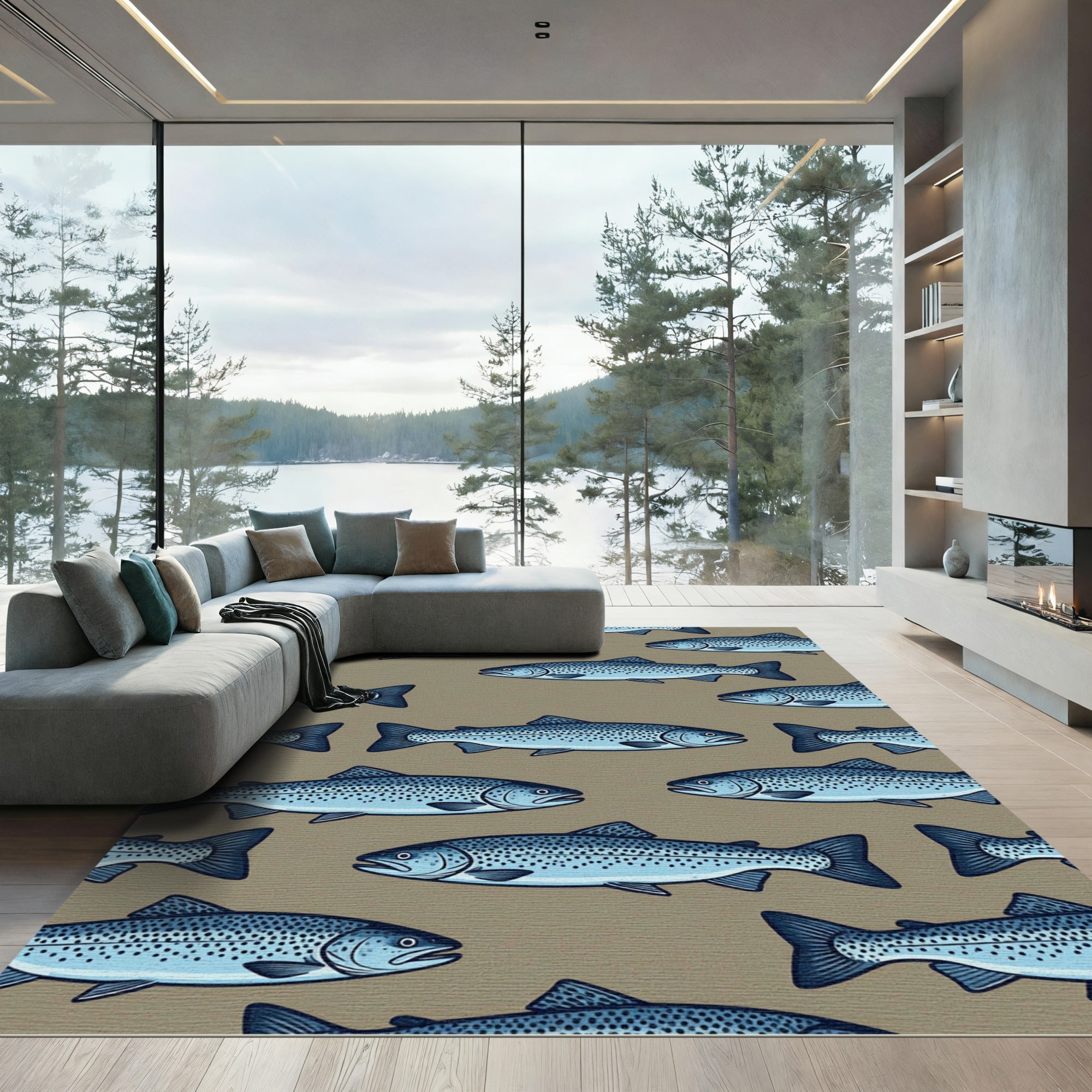 Sophisticated Blue Salmon School Illustration Rug