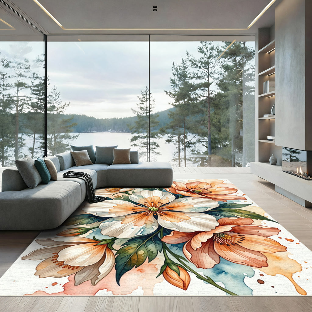 Watercolor Floral Sprig Peach and White Rug