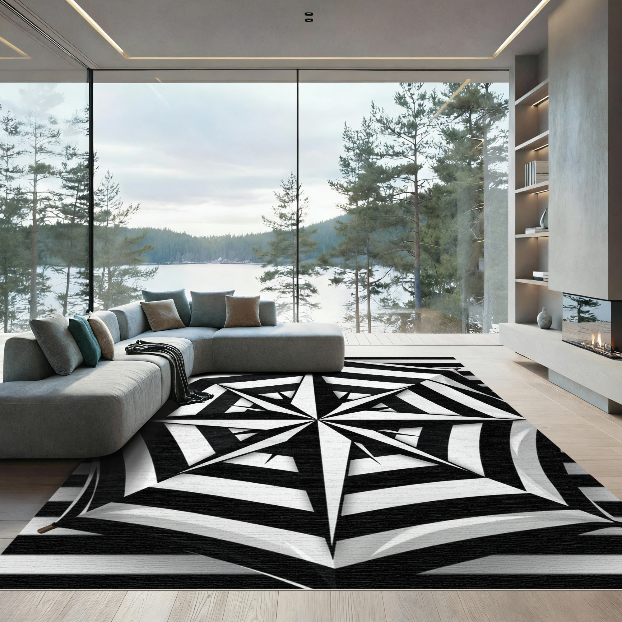 Bold Black White Starburst Stripes Rug