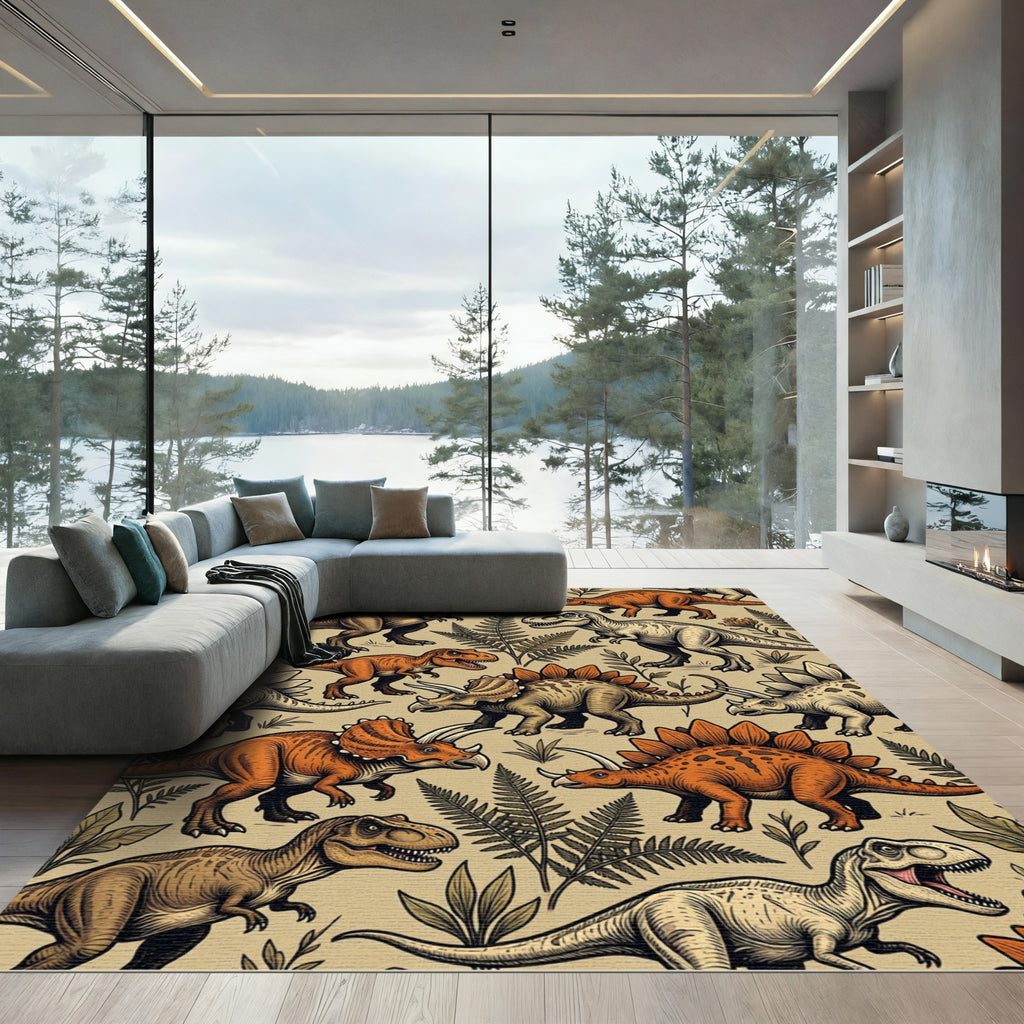 Retro Earthy Dinosaur Fern Wilderness Rug