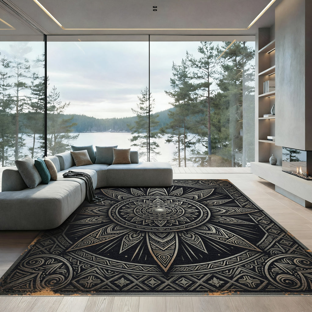 Elegant Silver Starburst Geometric Medallion Rug