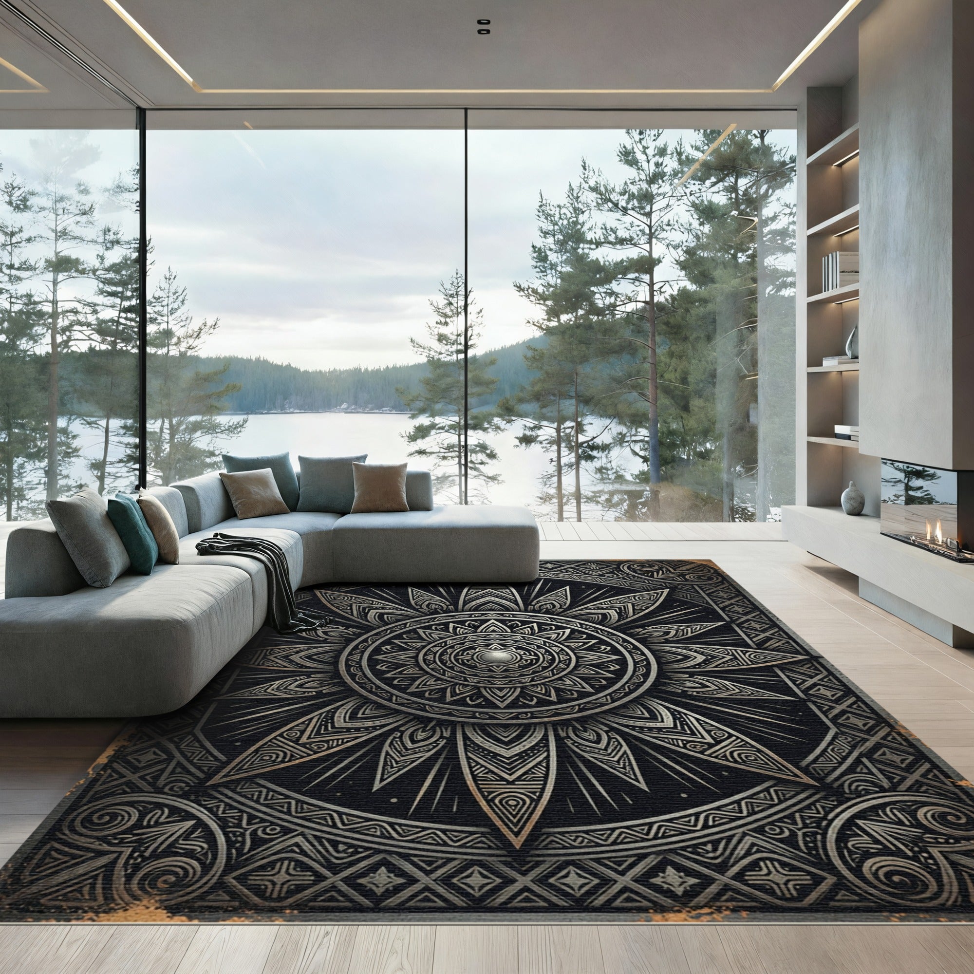 Elegant Silver Starburst Geometric Medallion Rug
