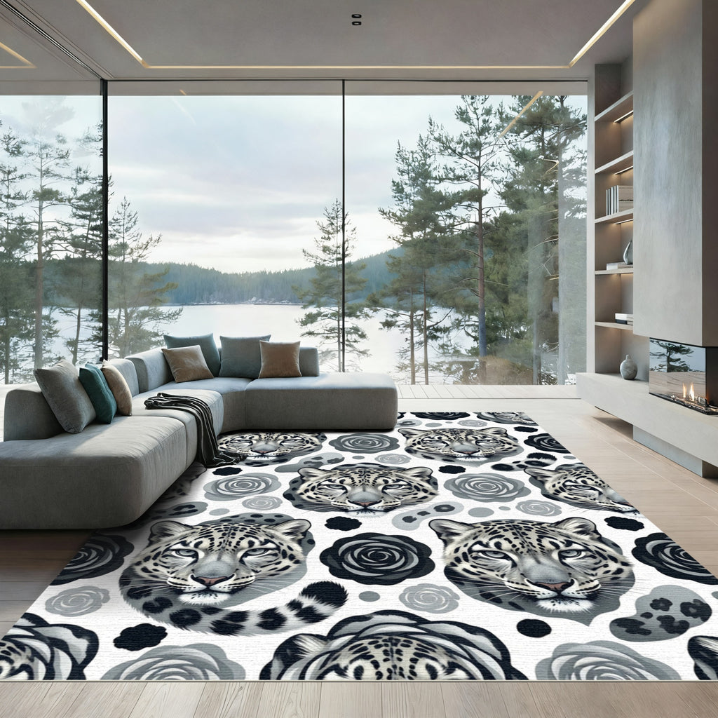 Monochromatic Snow Leopard Rose Floral Rug