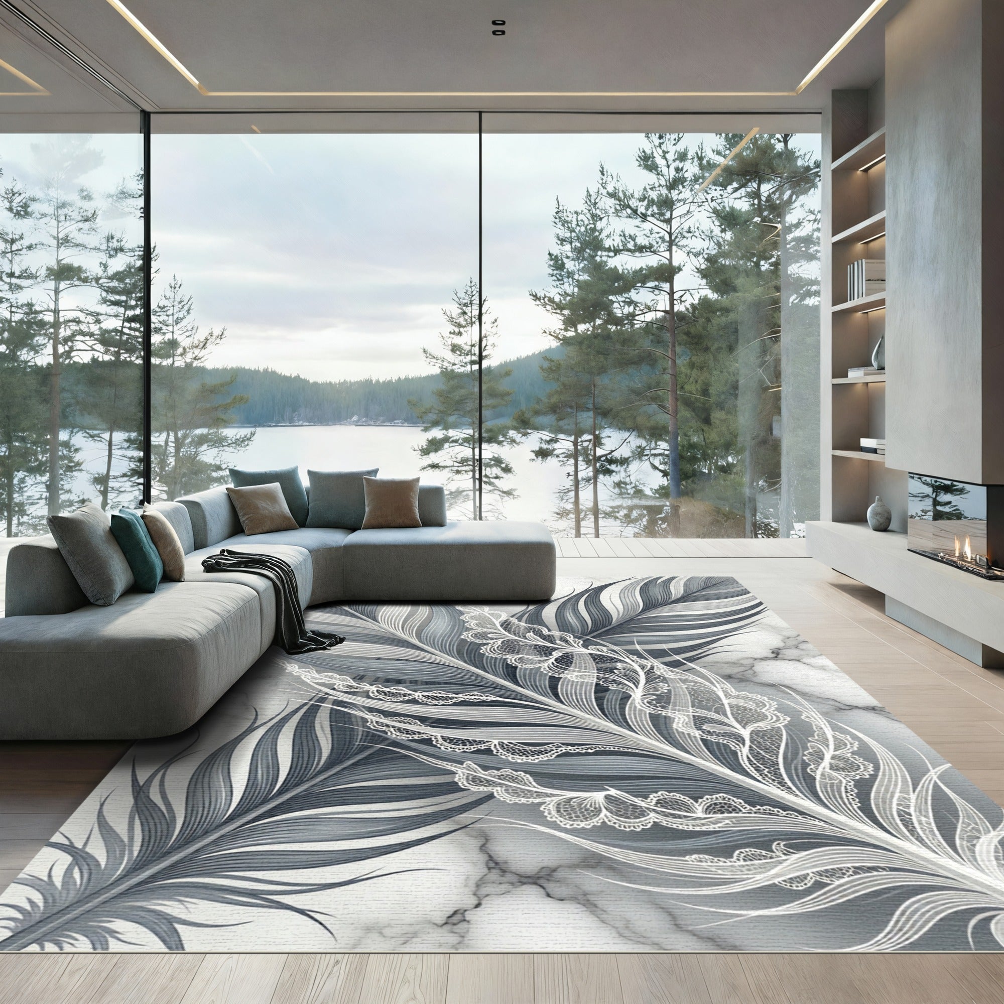 Lace Feather Marble Monochrome Art Rug