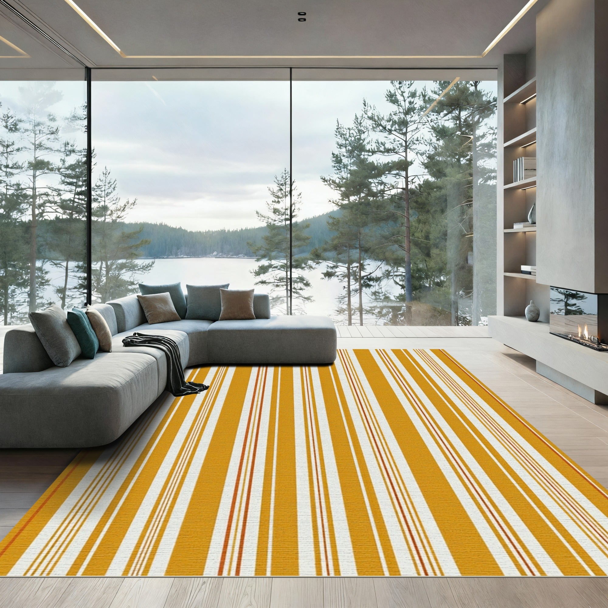 Golden Mustard and White Vertical Stripes Rug