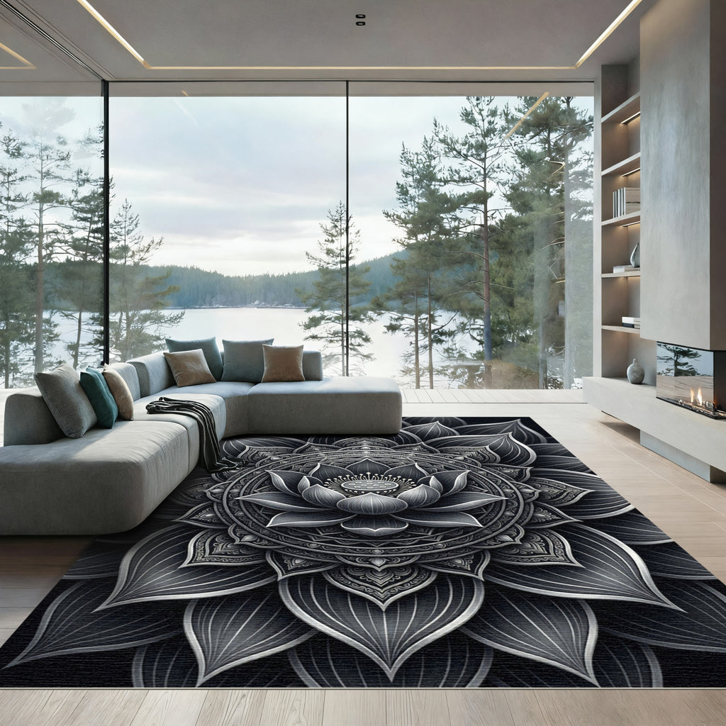 Monochrome Lotus Mandala Symmetry Rug
