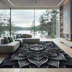Monochrome Lotus Mandala Symmetry Rug