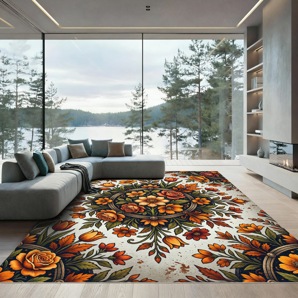 Autumnal Golden Floral Medallion Rug
