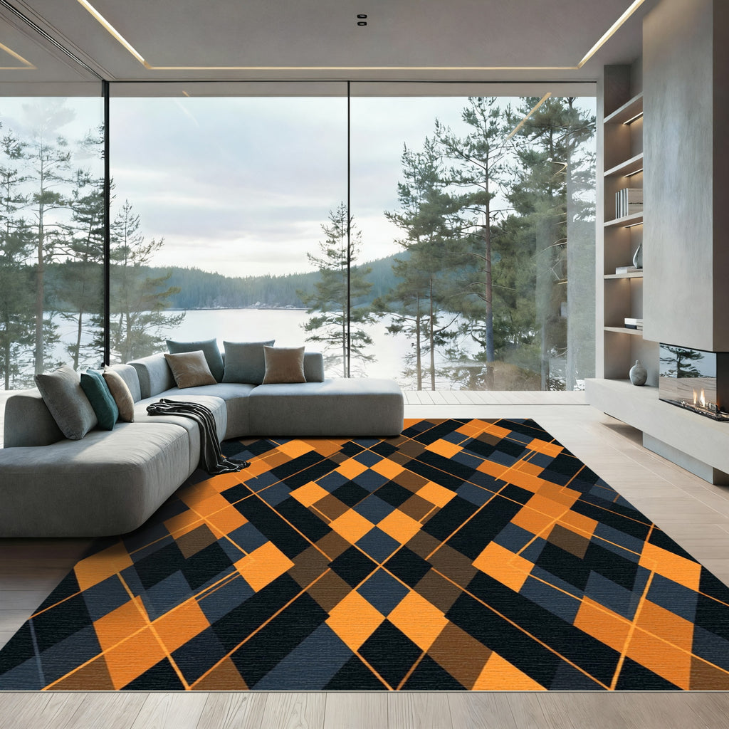 Bold Amber Black Argyle Geometric Rug