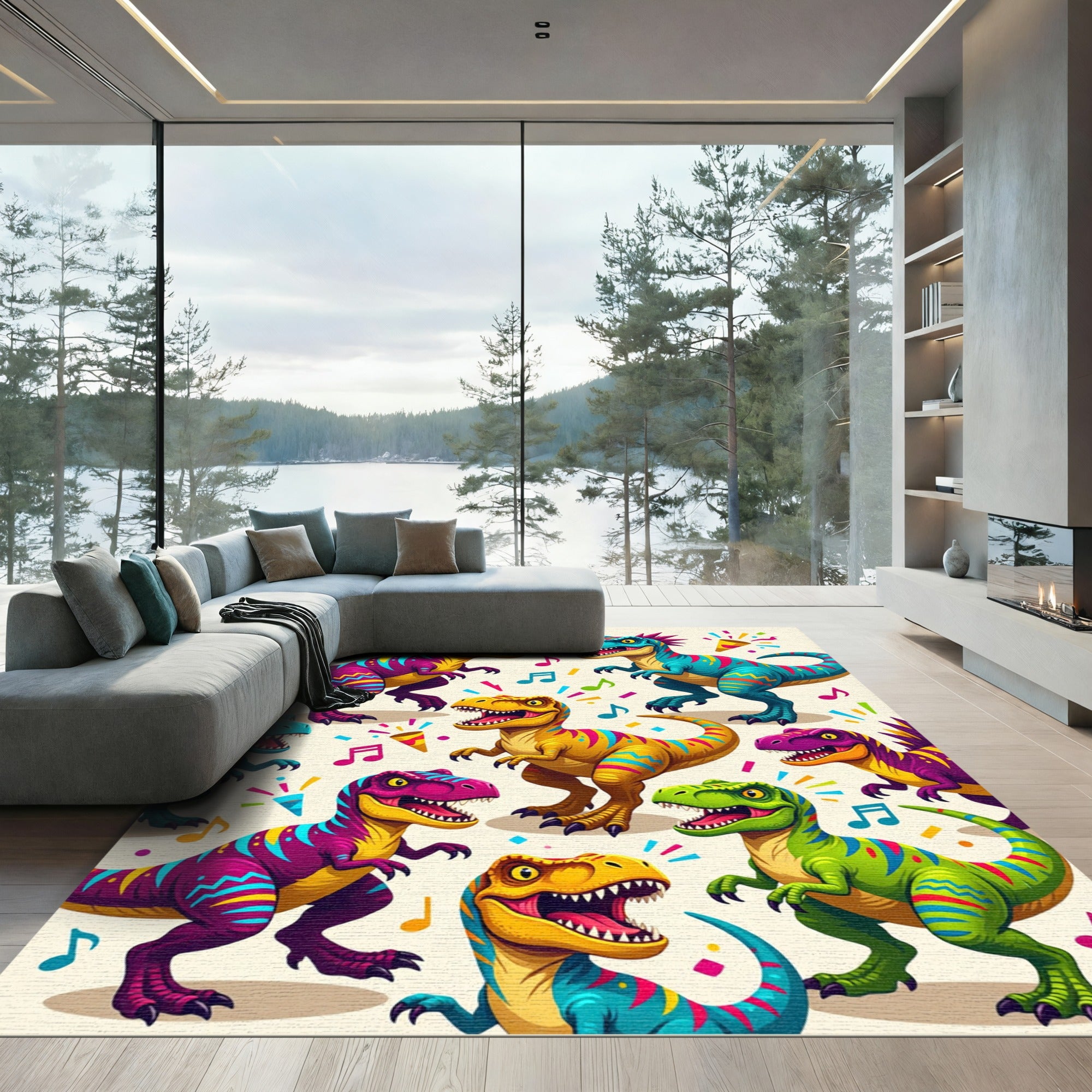 Playful Colorful Dinosaur Party Reptile Illustration Rug