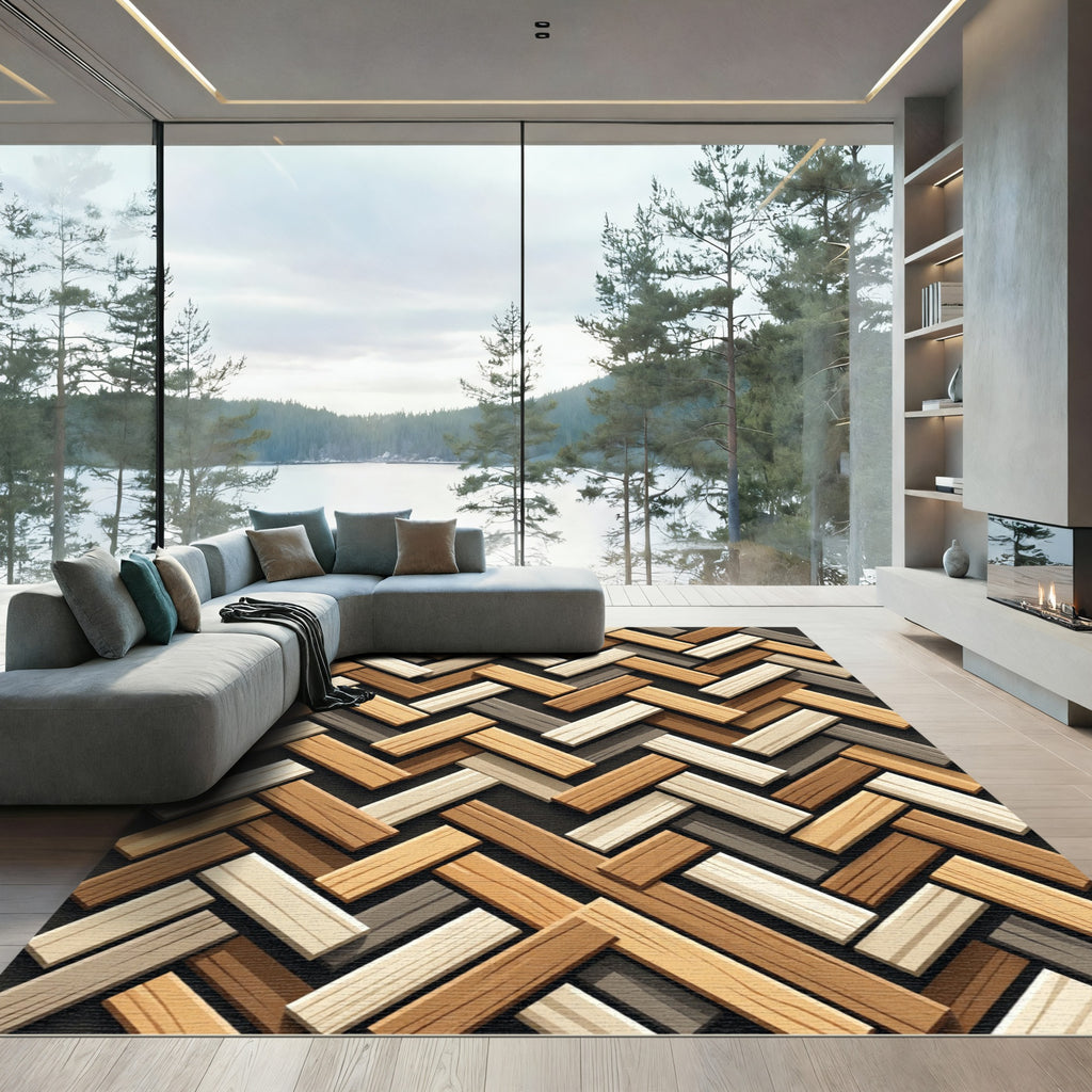 Herringbone Wood Tonality Geometric Parquet Surface Rug