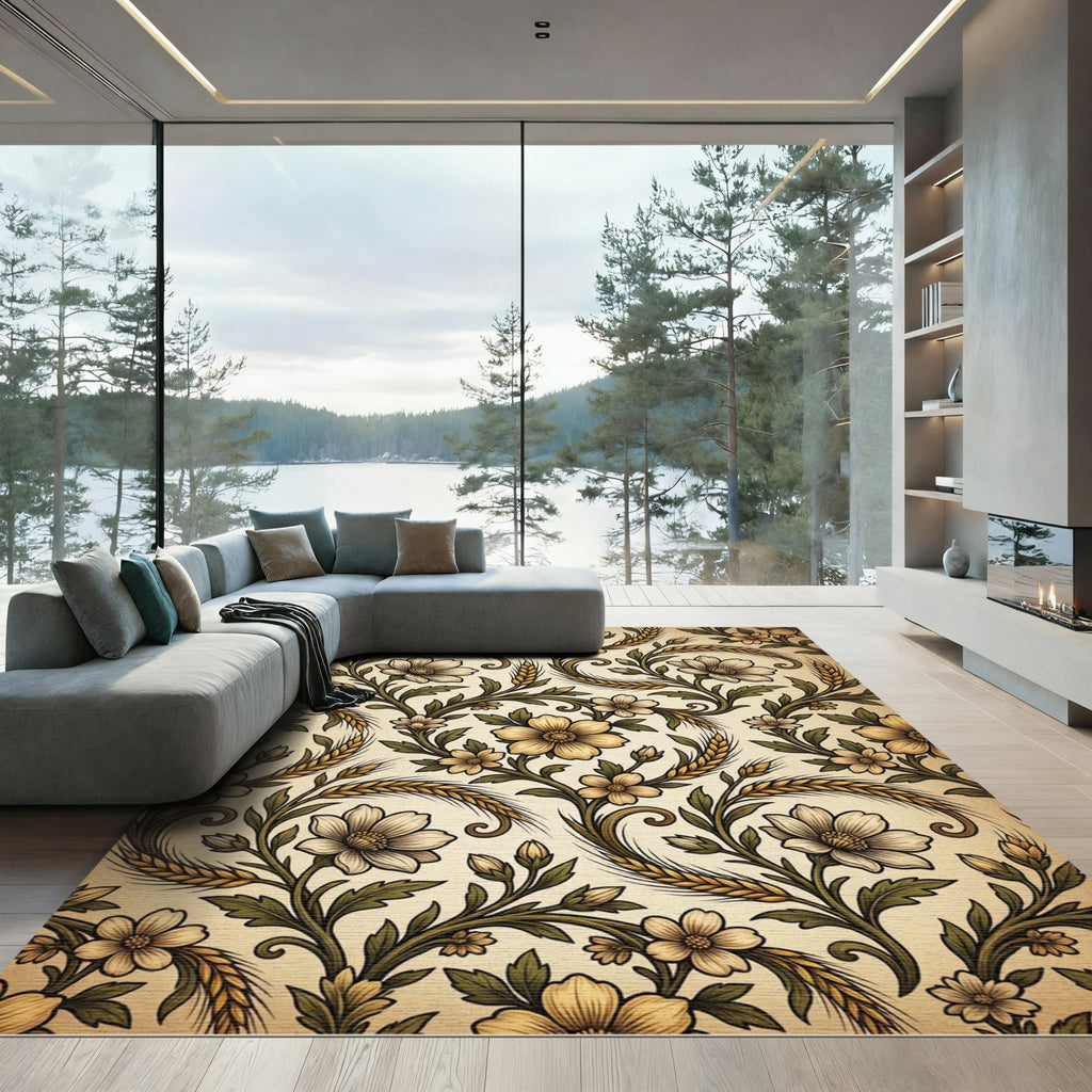 Golden Wheat Floral Vine Rug
