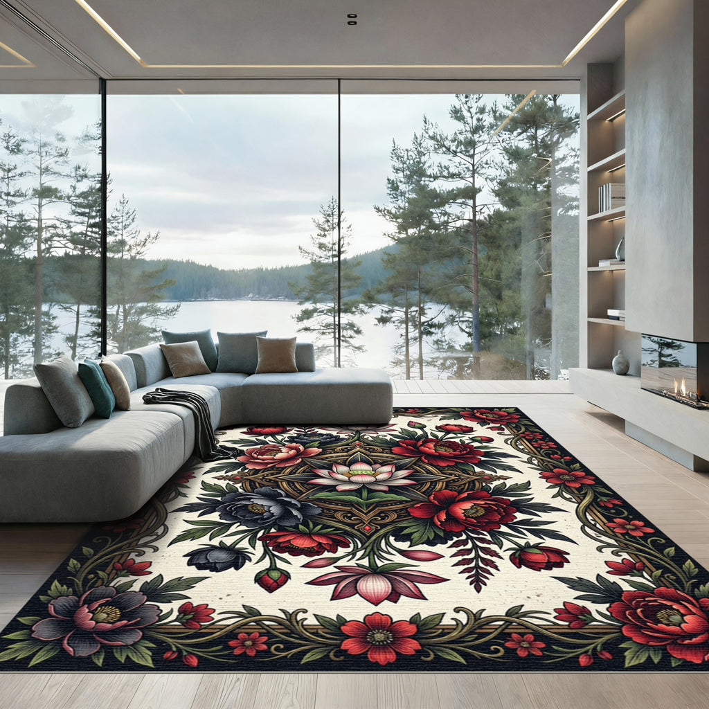 Elegant Crimson Lotus Floral Medallion Rug