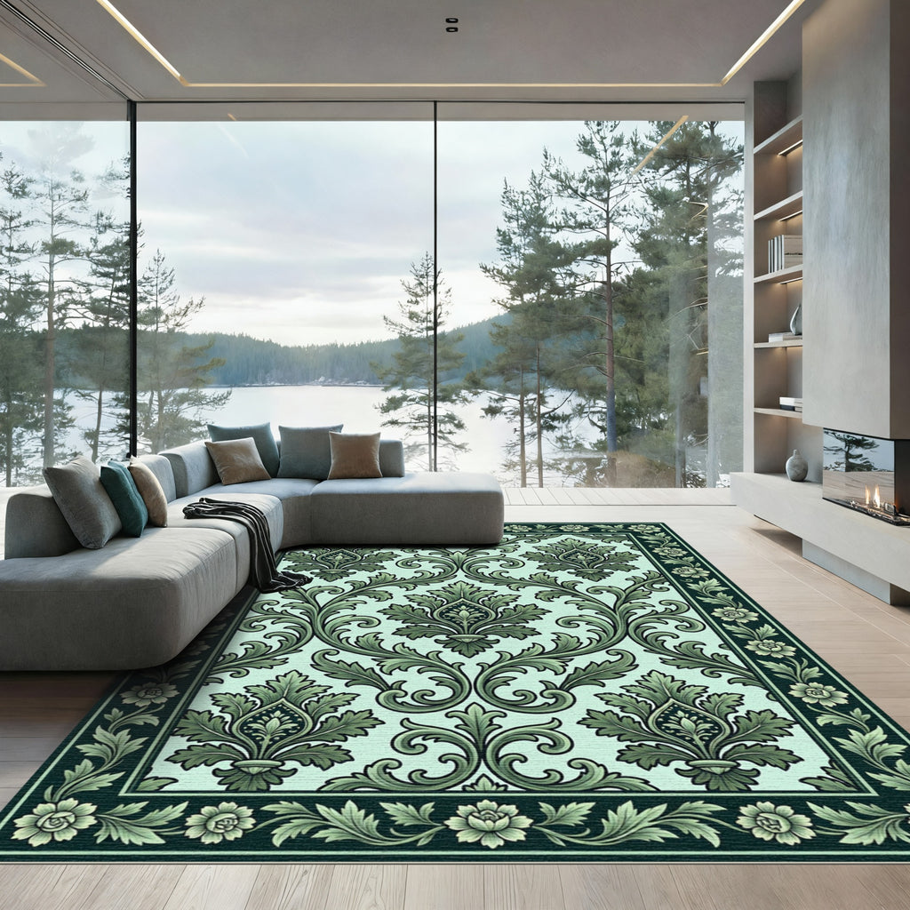 Ornate Green Floral Damask Rug