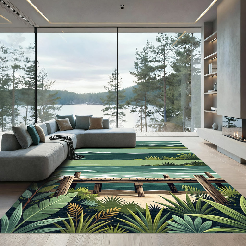 Tropical Dock Waves Lush Foliage Rug