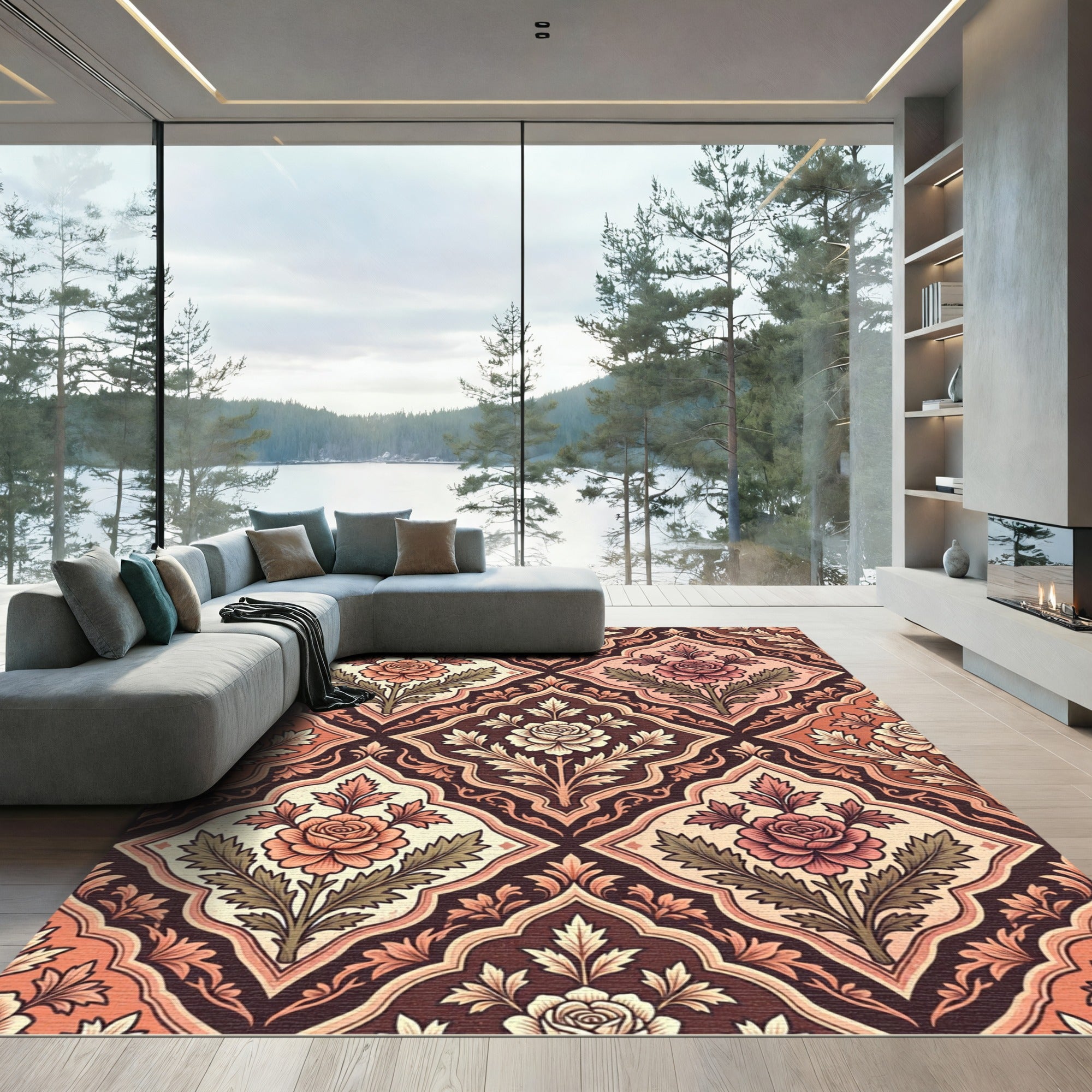 Ornate Rose Damask Earth Tone Diamond Repeat Rug