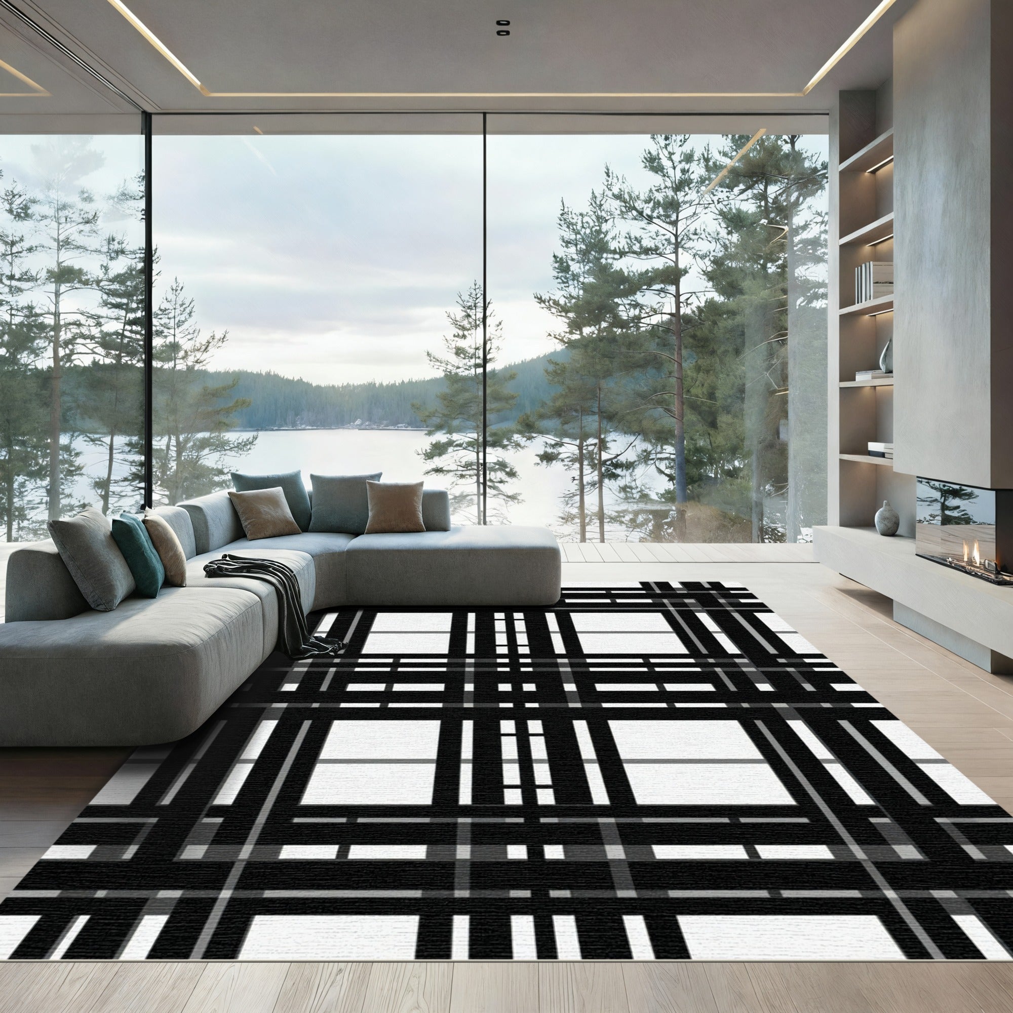 Monochrome Black White Plaid Grid Rug