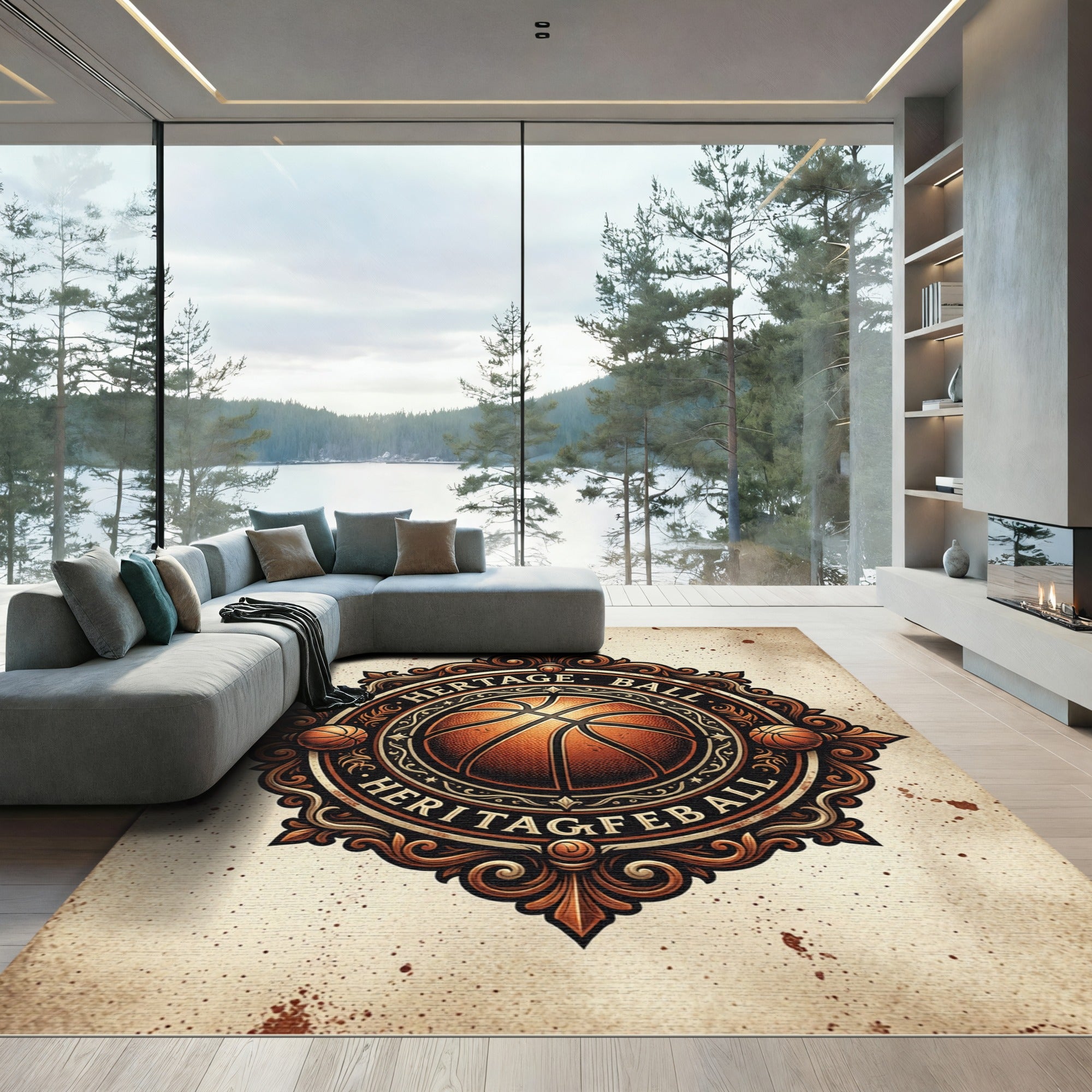 Vintage Baroque Basketball Emblem Round Medallion Rug