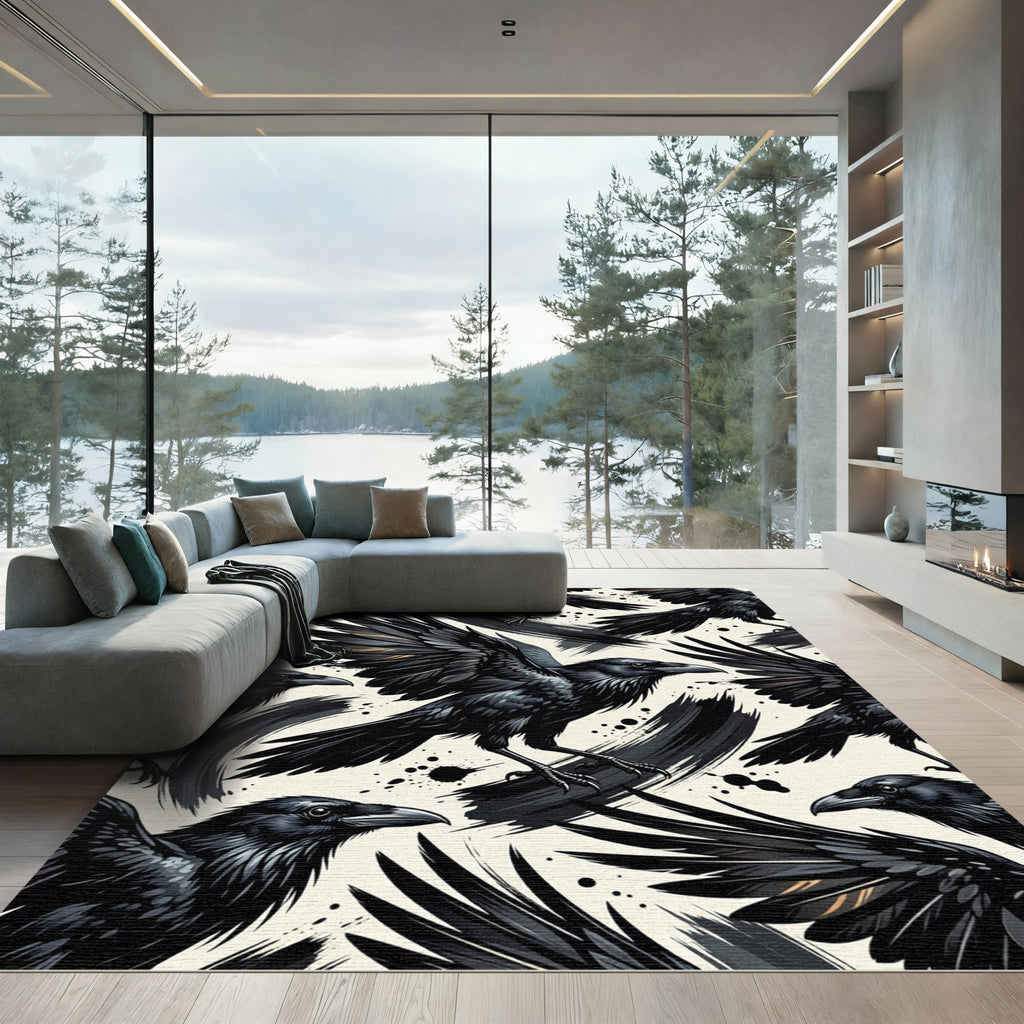Dramatic Black Raven Ink Wash Illustration Rug