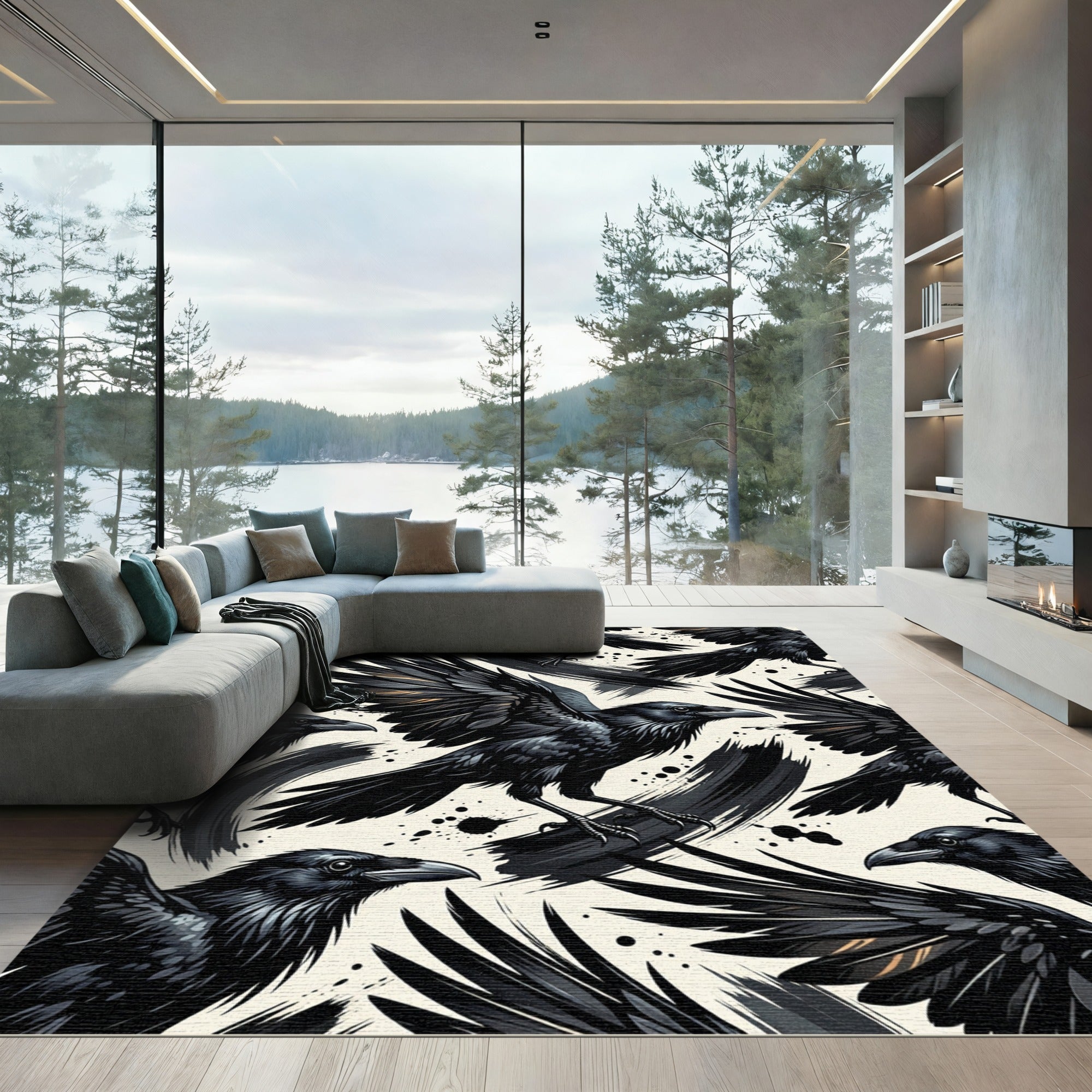 Dramatic Black Raven Ink Wash Illustration Rug