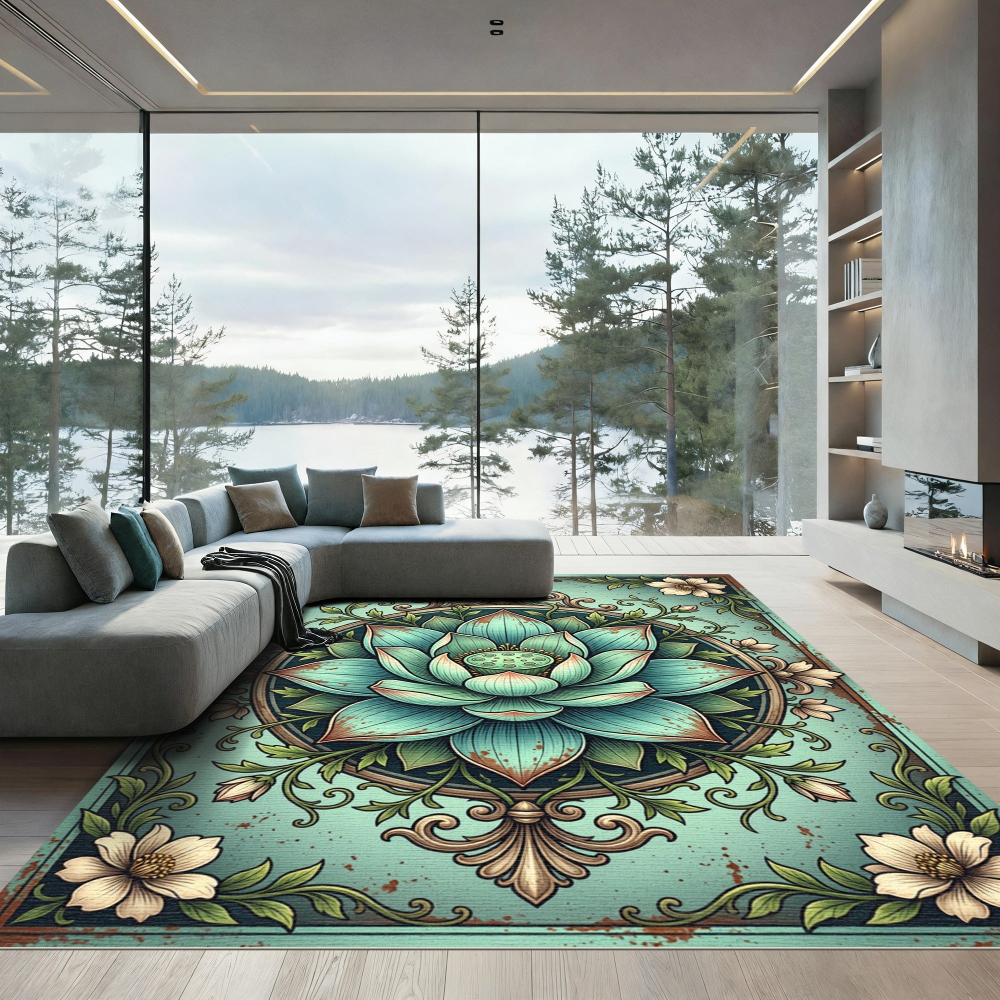 Ornate Turquoise Lotus Flower Mandalas Rug