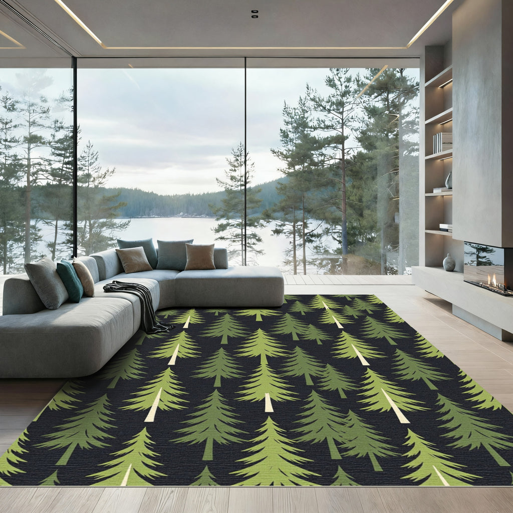 Forest Green Evergreen Pine Tree Landscape Rug