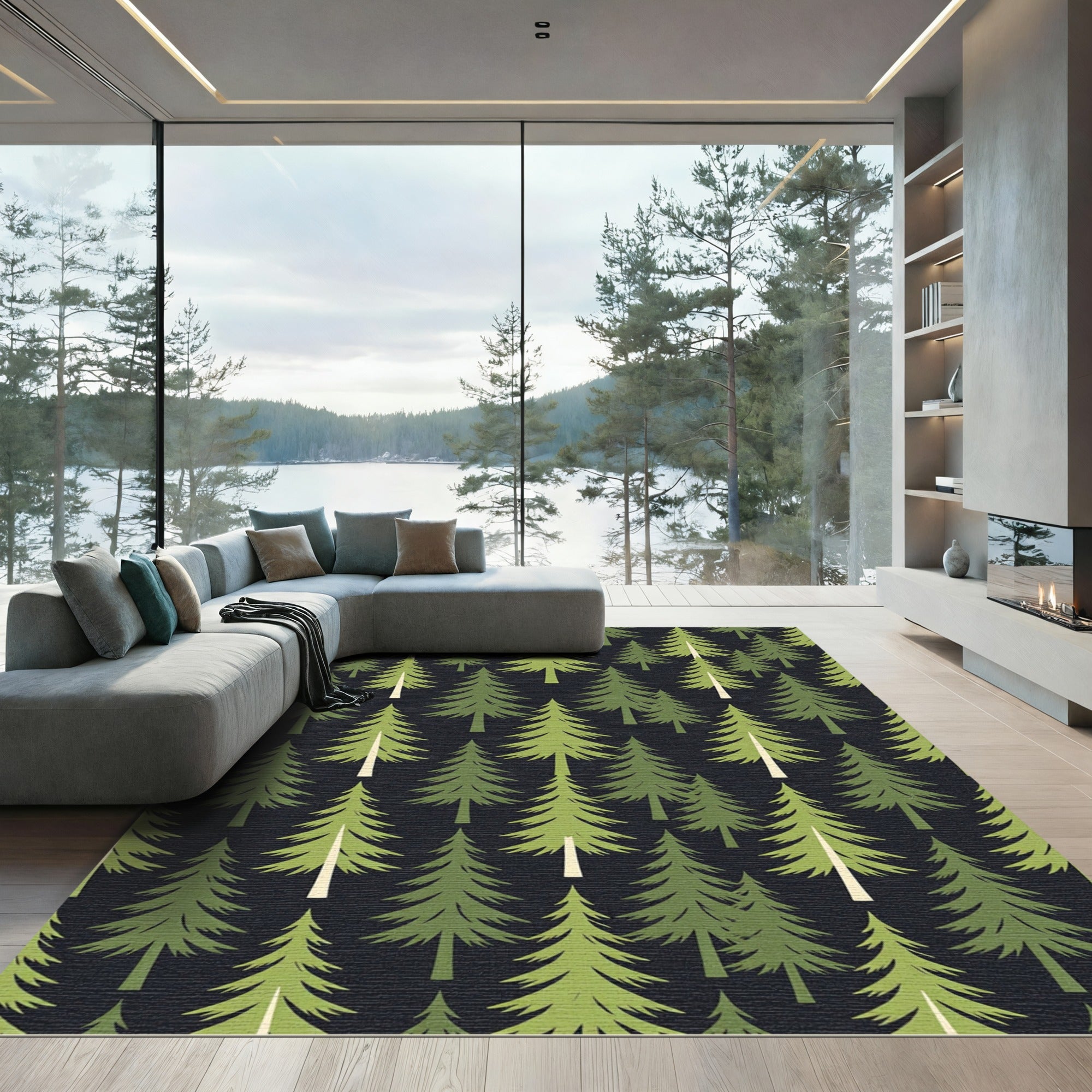 Forest Green Evergreen Pine Tree Landscape Rug