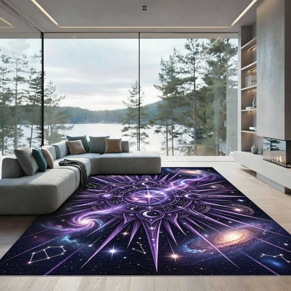 Celestial Purple Galaxy Star Compass Rug