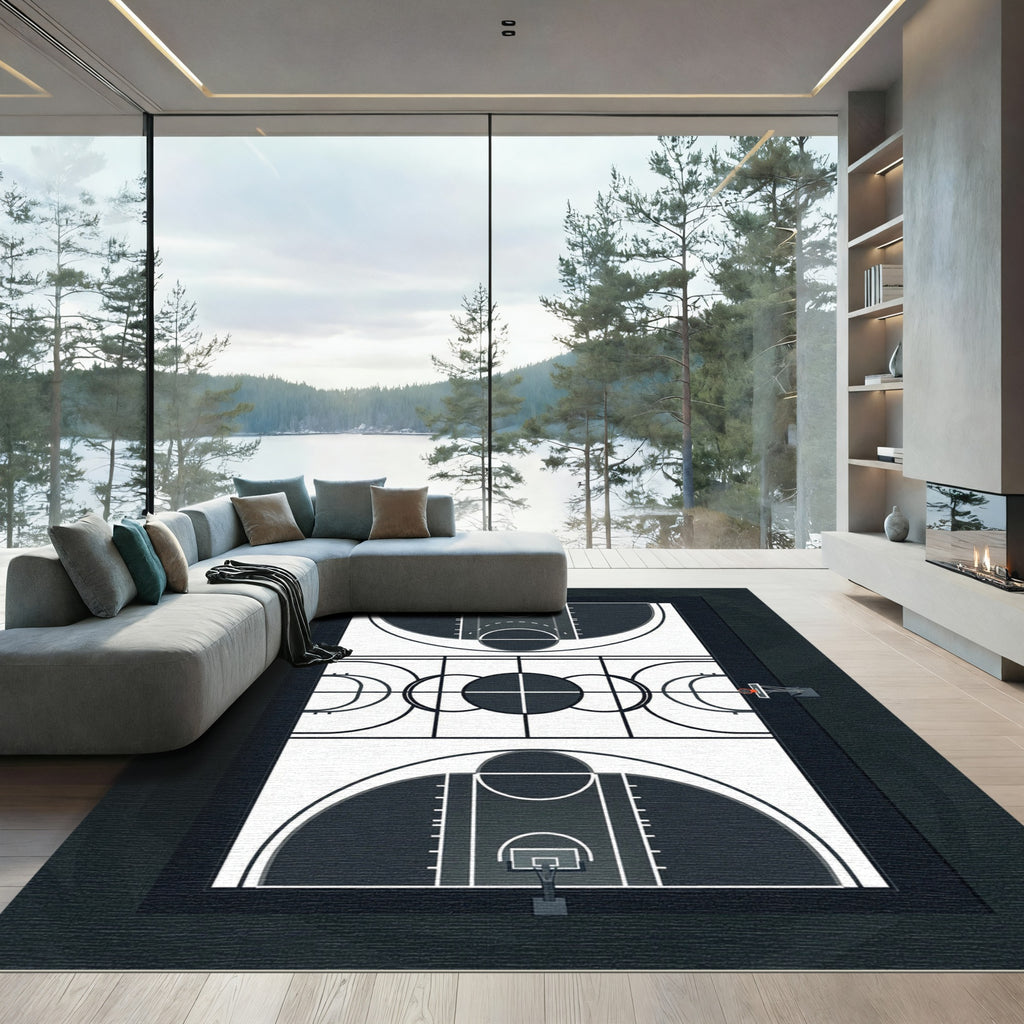 Minimalist Monochrome Basketball Court Graphic Rug