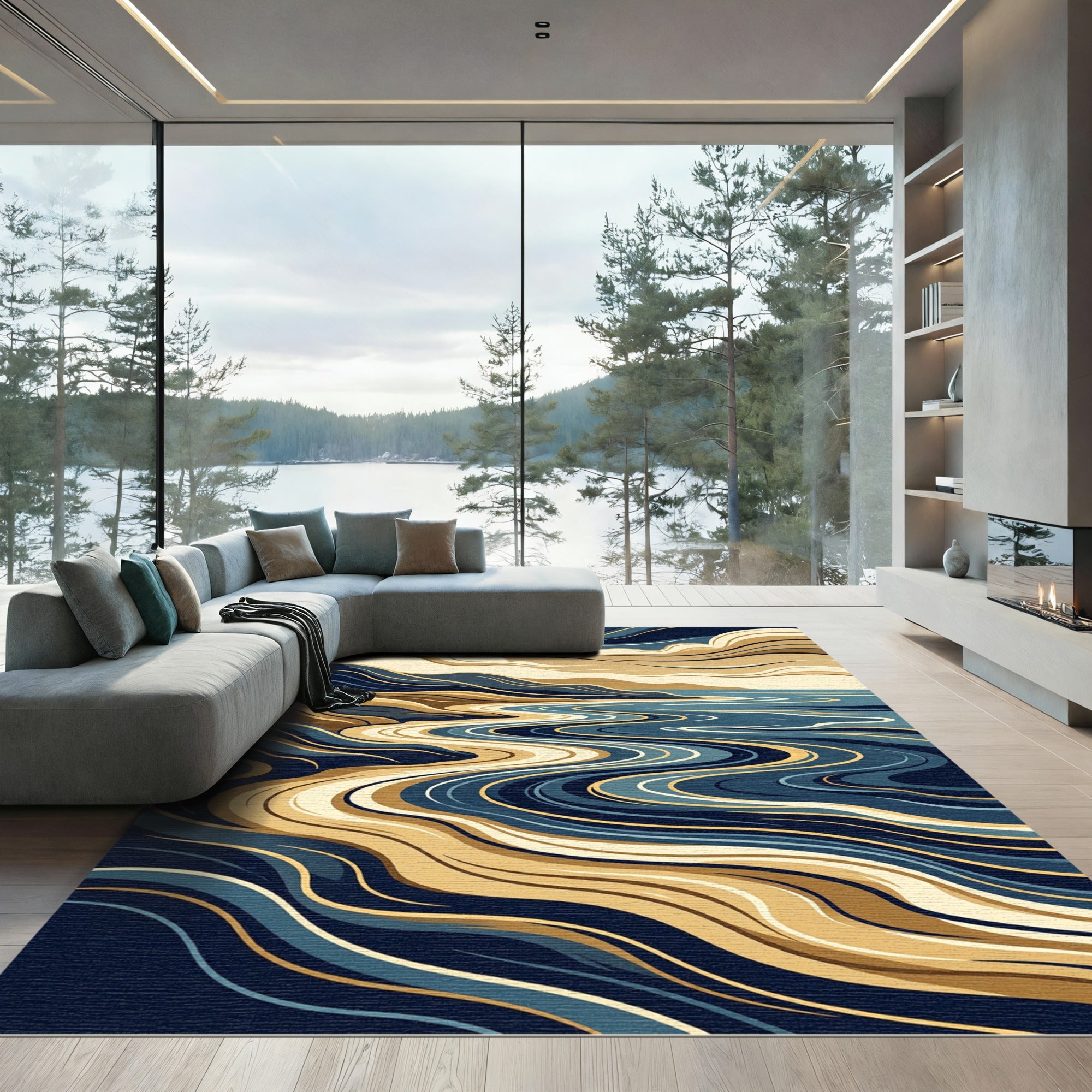 Abstract Blue Gold Wavy Coastal Landscape Rug