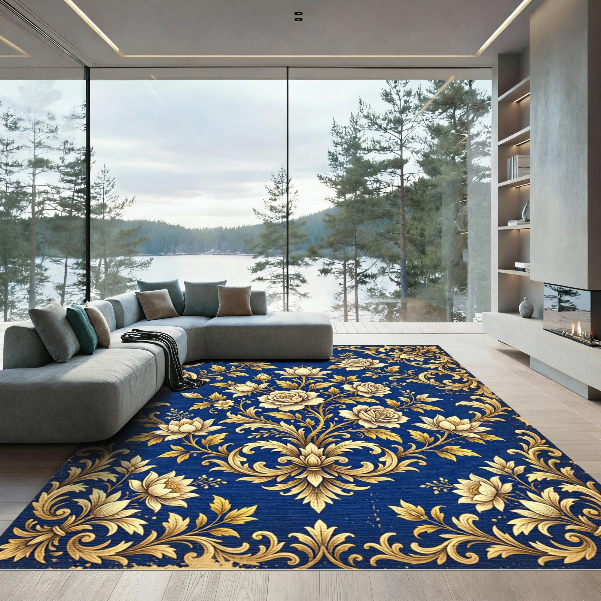 Royal Blue Gold Rose Damask Rug