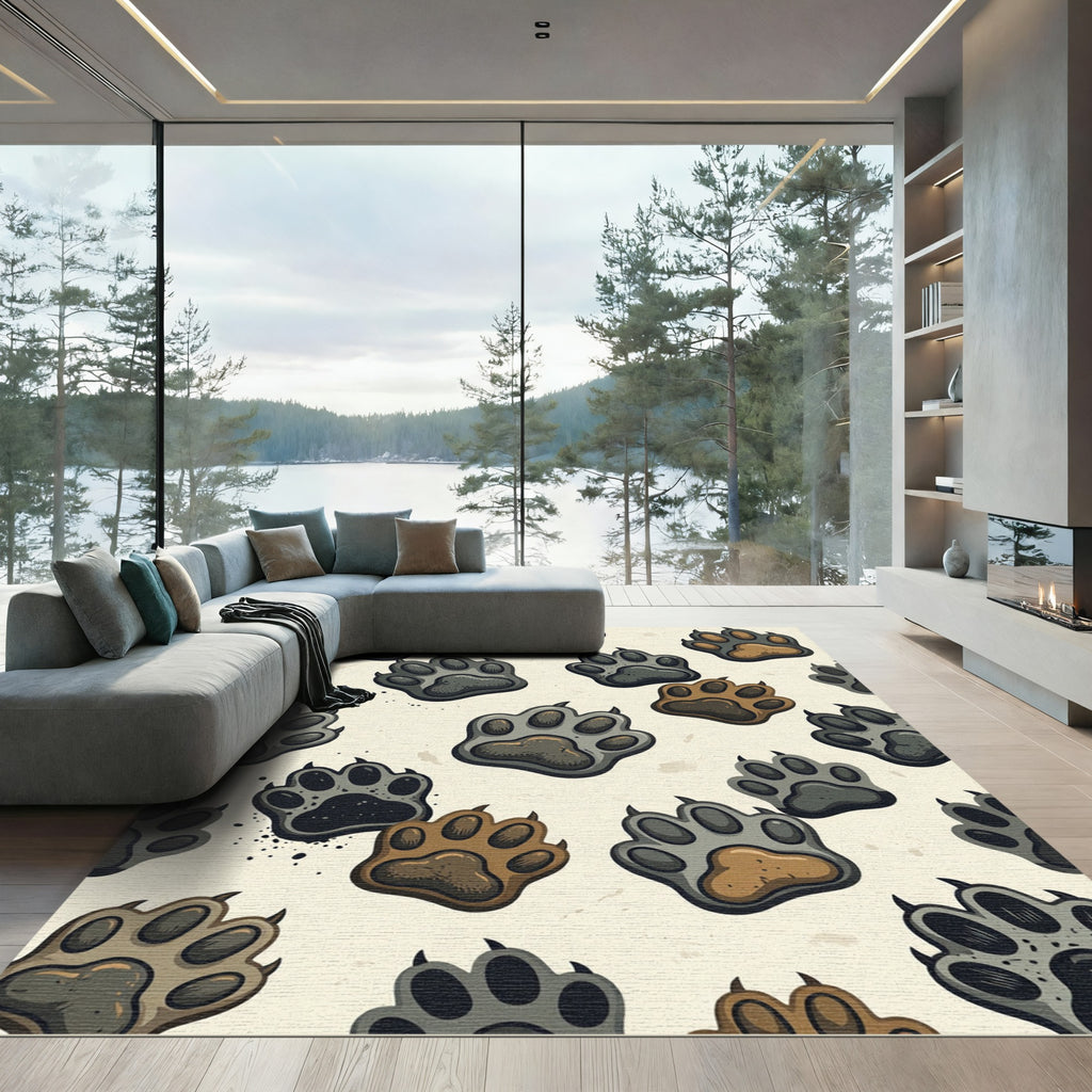 Earthy Toned Paw Print Animal Illustration Rug