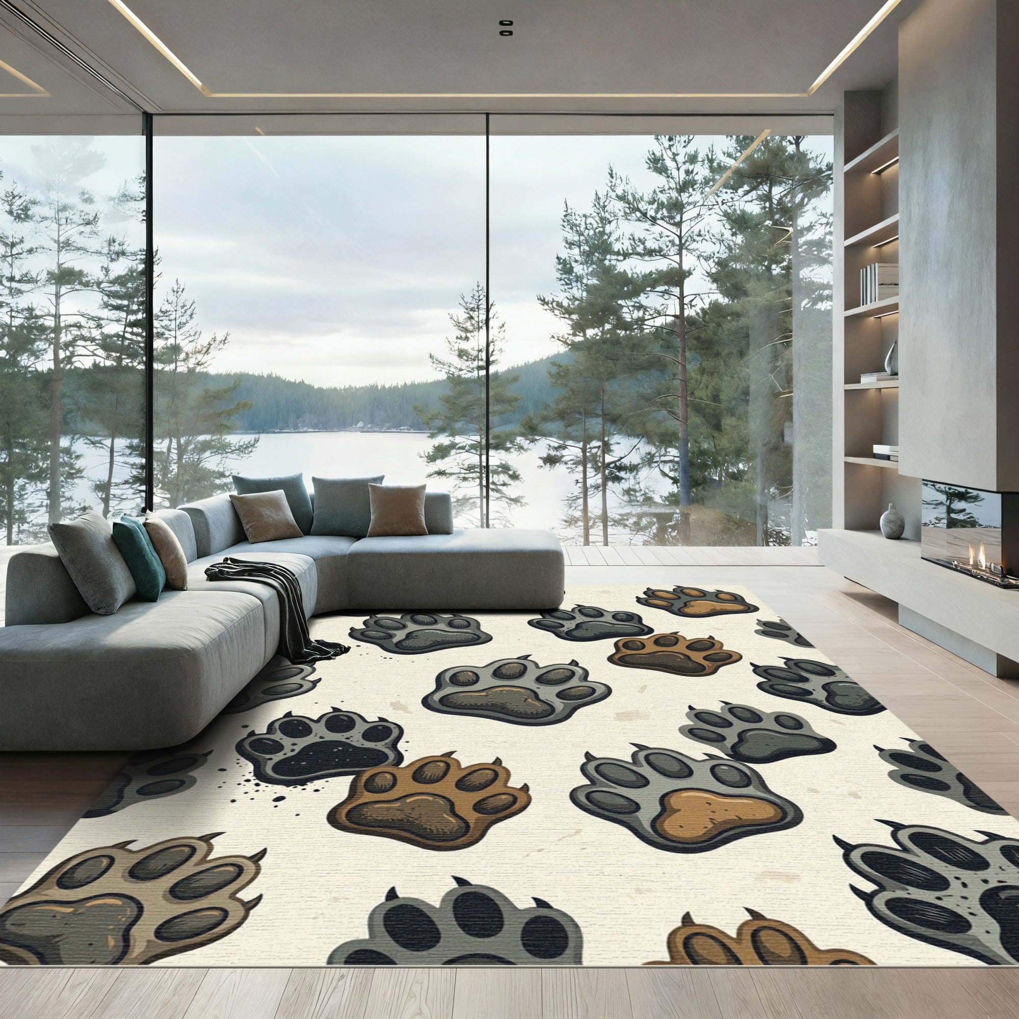 Earthy Toned Paw Print Animal Illustration Rug