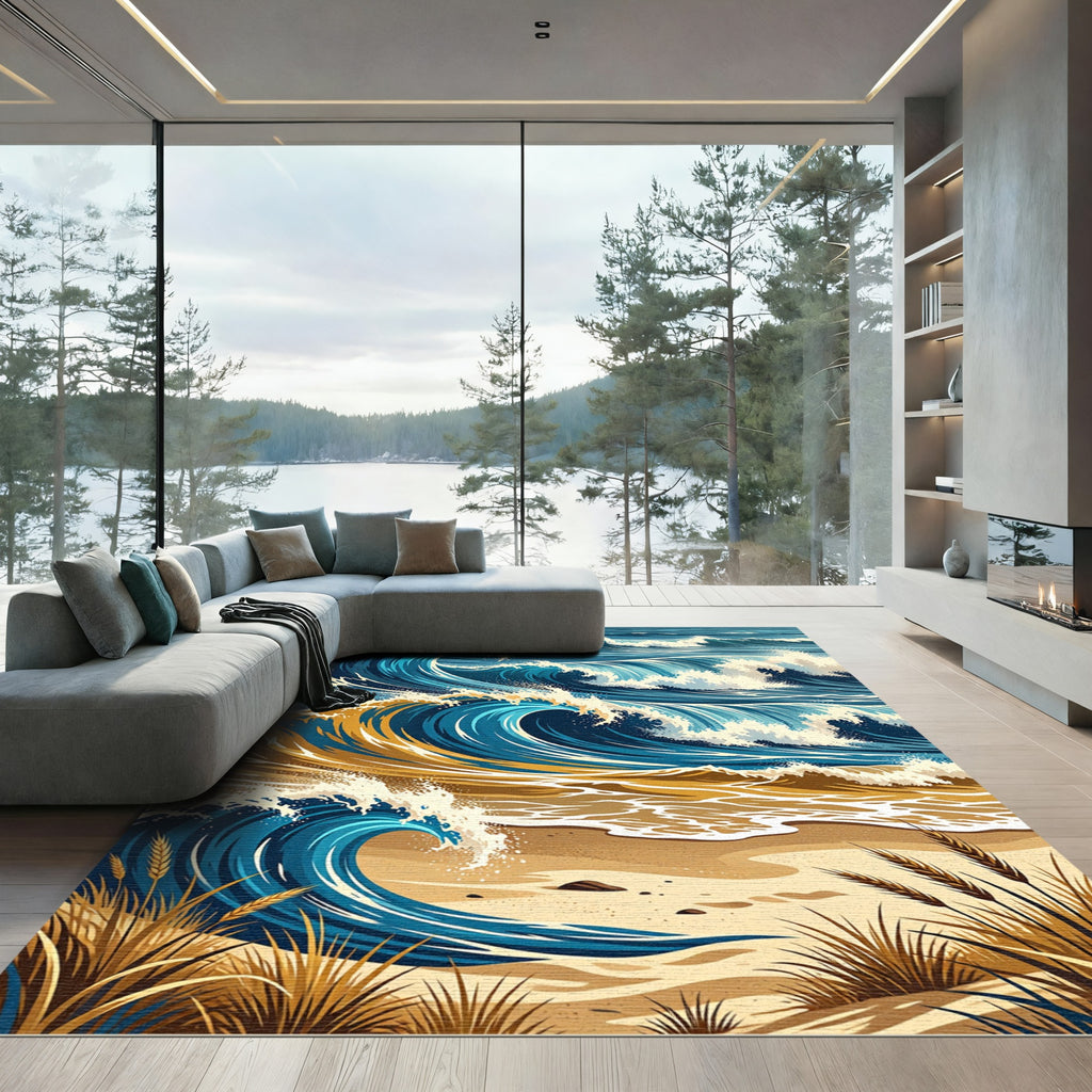 Azure Ocean Waves With Golden Sand Rug