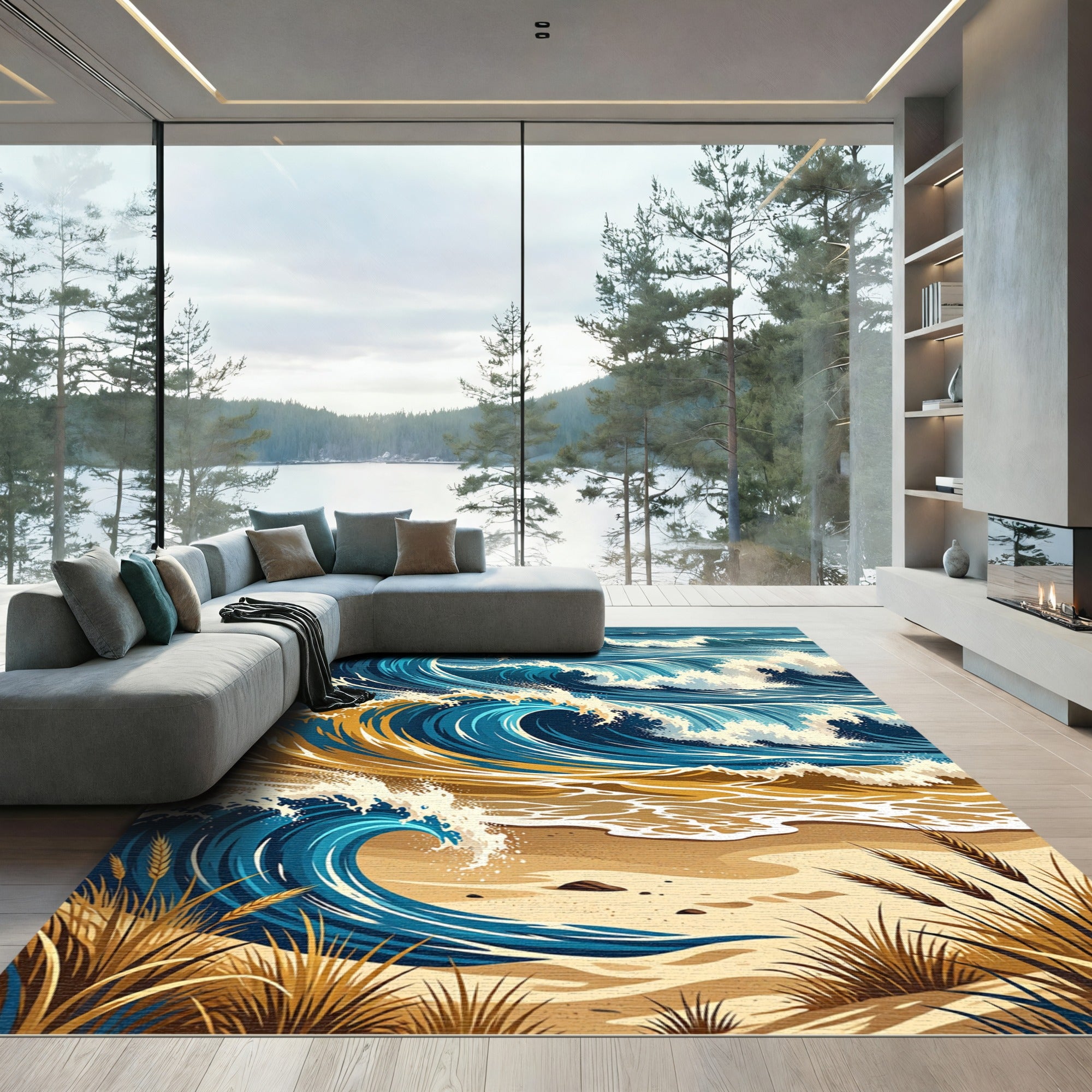 Azure Ocean Waves With Golden Sand Rug