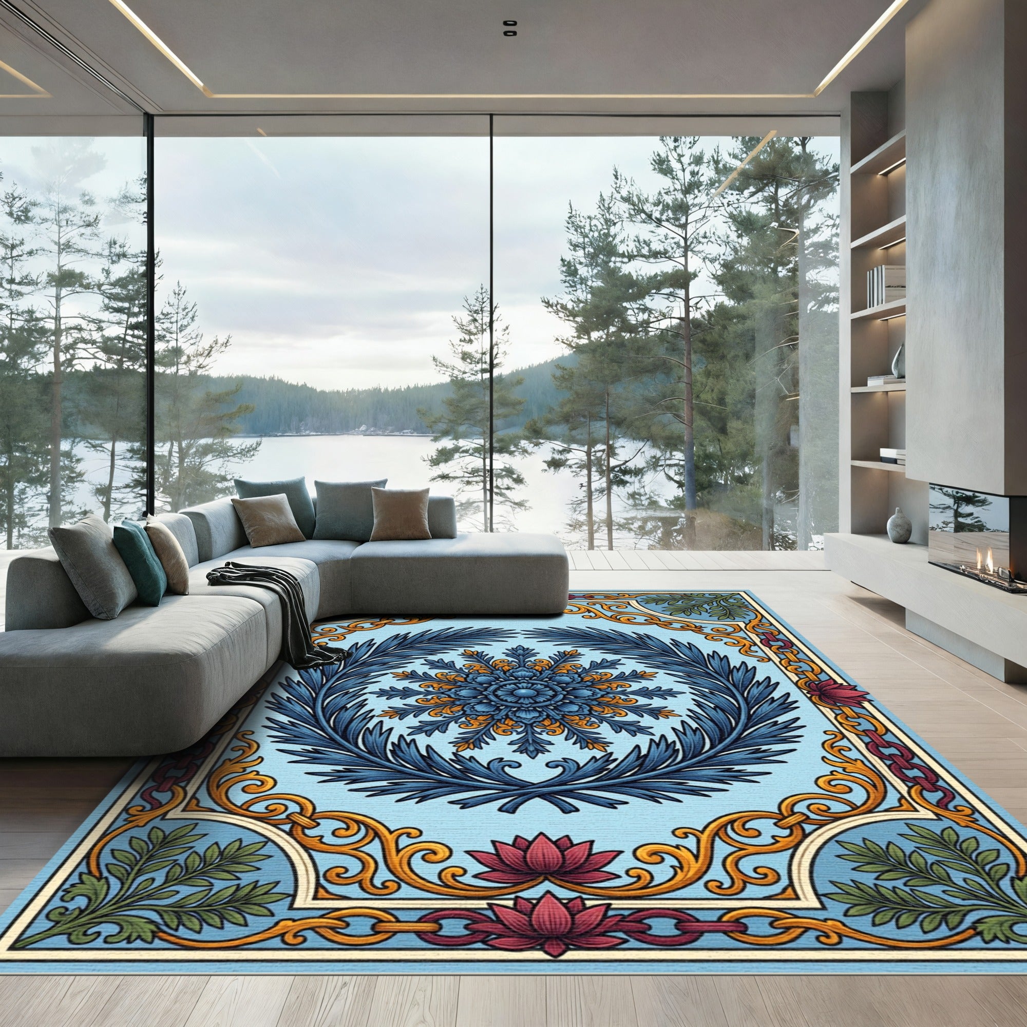 Blue Floral Medallion with Golden Filigree Rug
