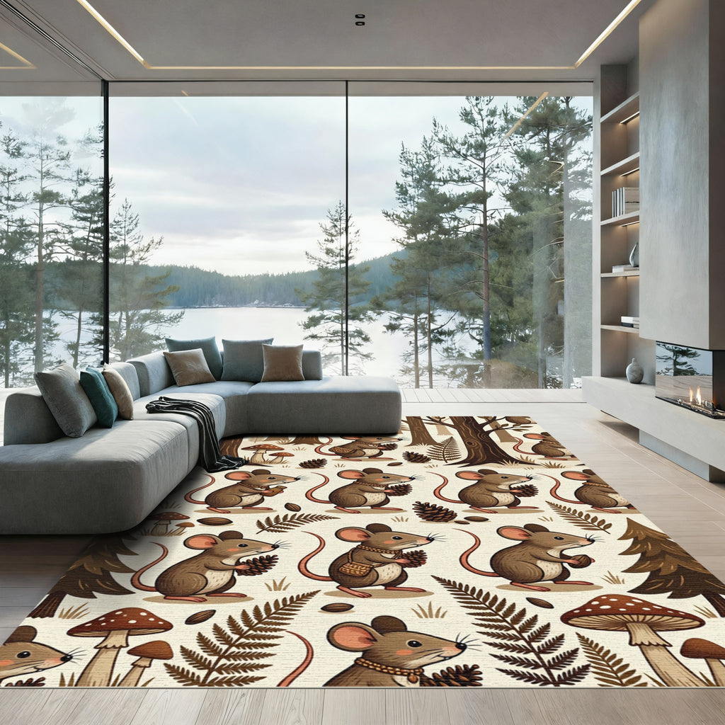Whimsical Woodland Mouse and Pinecone Illustration Rug
