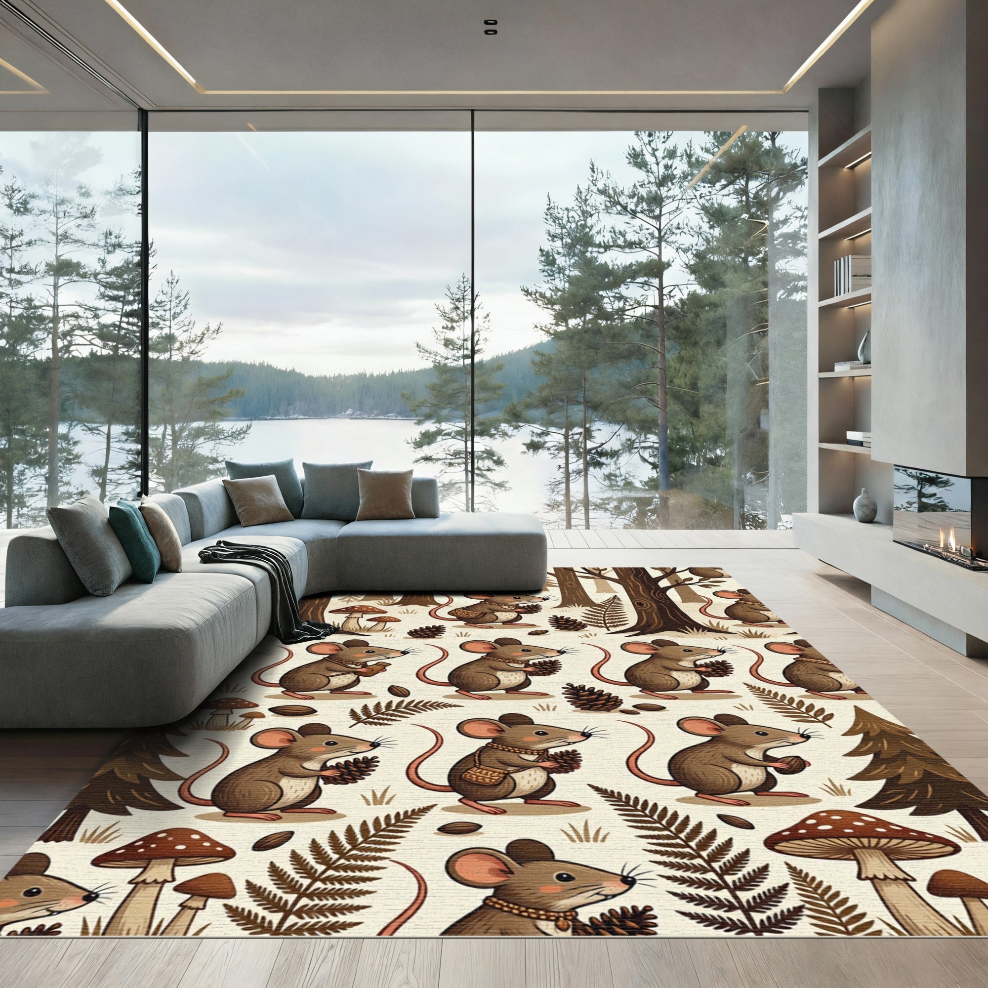 Whimsical Woodland Mouse and Pinecone Illustration Rug
