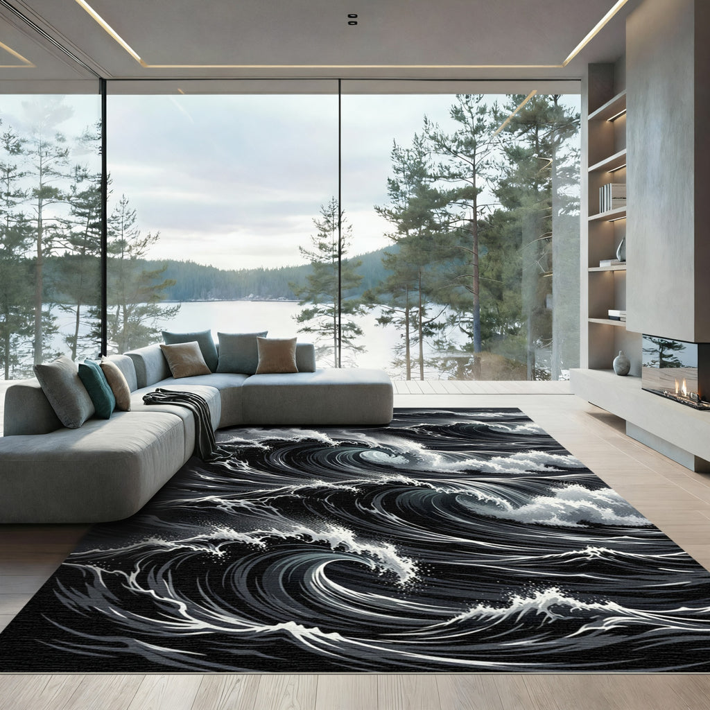 Dramatic Dark Ocean Wave Swirls Rug