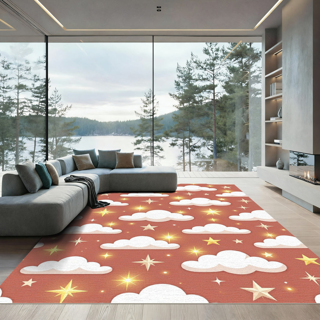 Whimsical Terracotta Clouds and Glowing Stars Rug